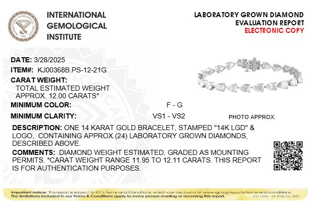IGI Certified 14K White Gold 12.0 Cttw Pear Cut Lab Grown Diamond Tennis Bracelet DestGlow