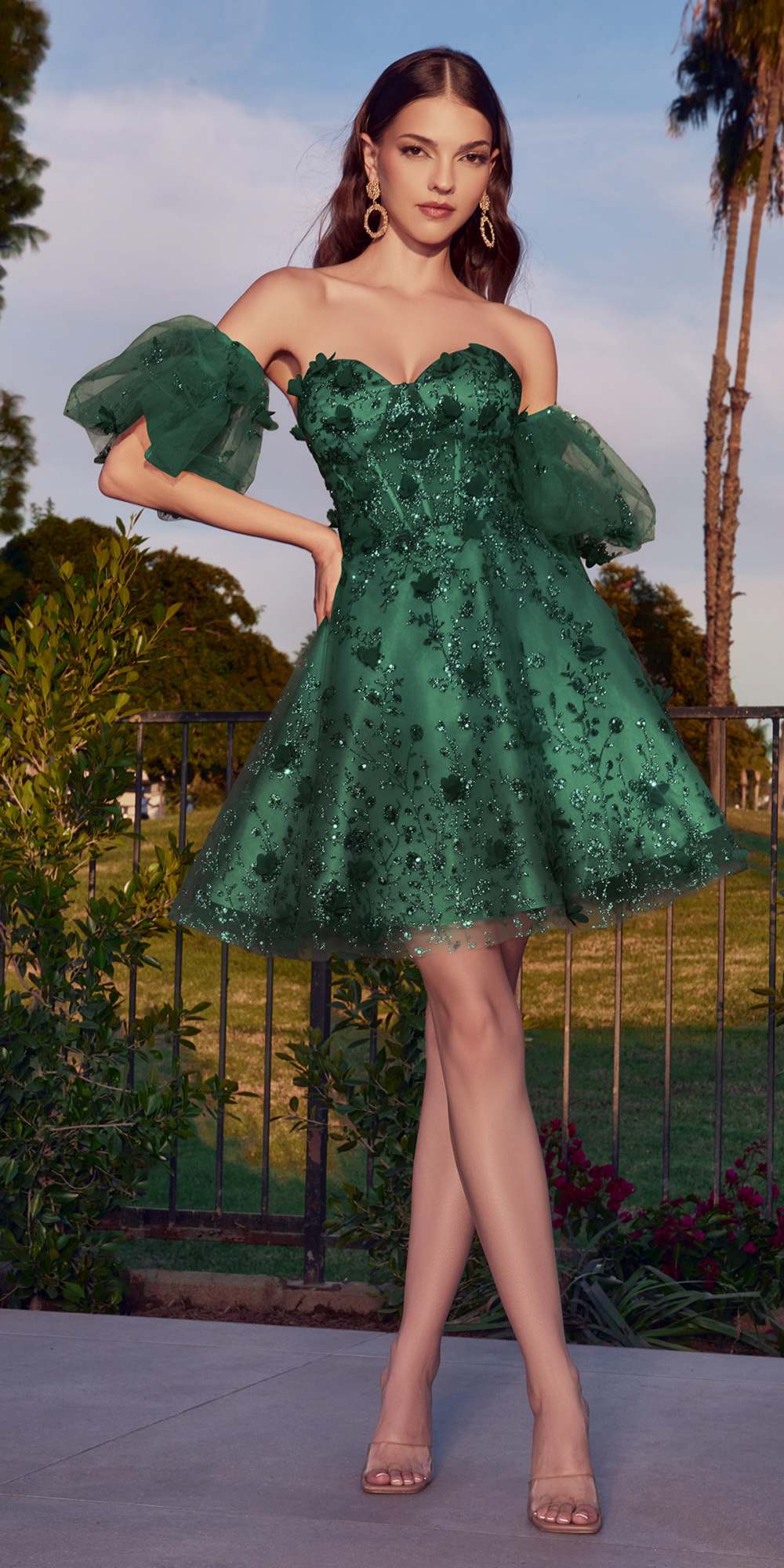 Ladivine KV1089 Short Floral Strapless A-Line Dress with Puff Sleeves by DiscountDressShop