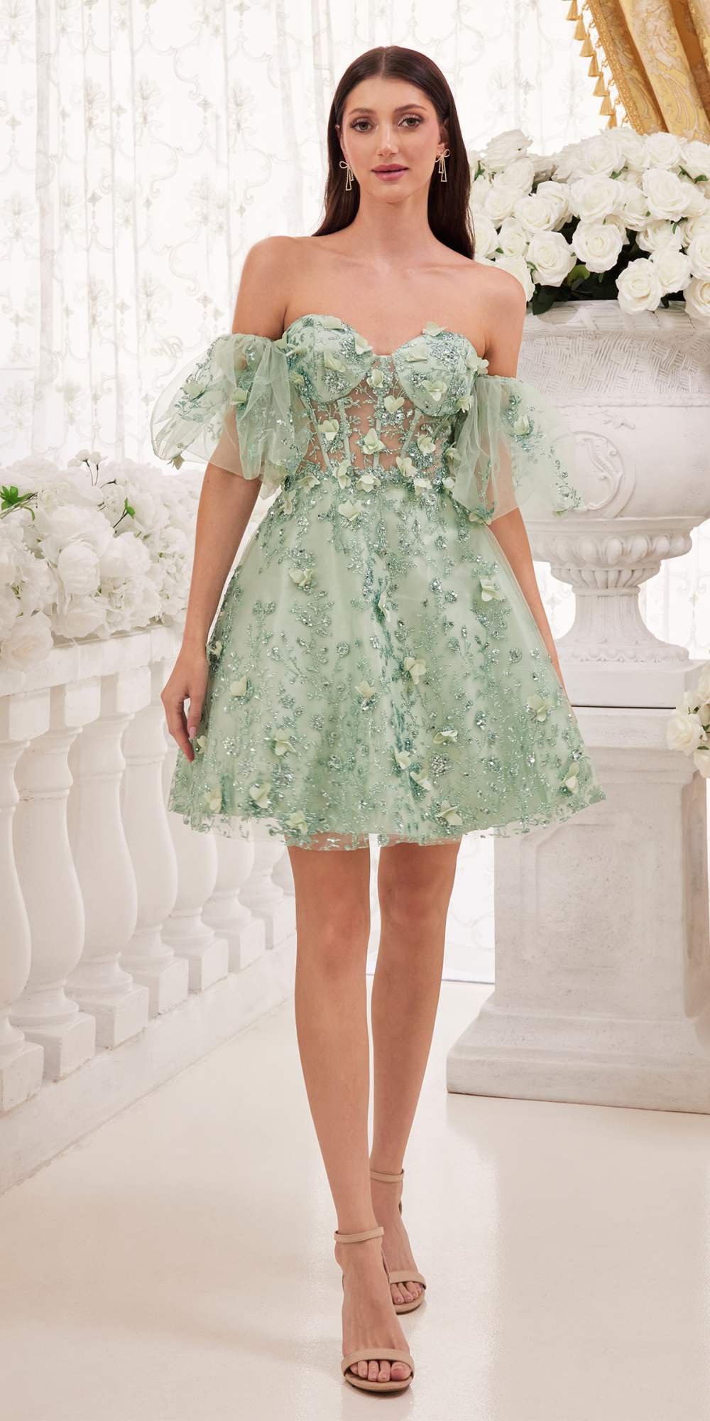 Ladivine KV1089 Short Floral Strapless A-Line Dress with Puff Sleeves by DiscountDressShop