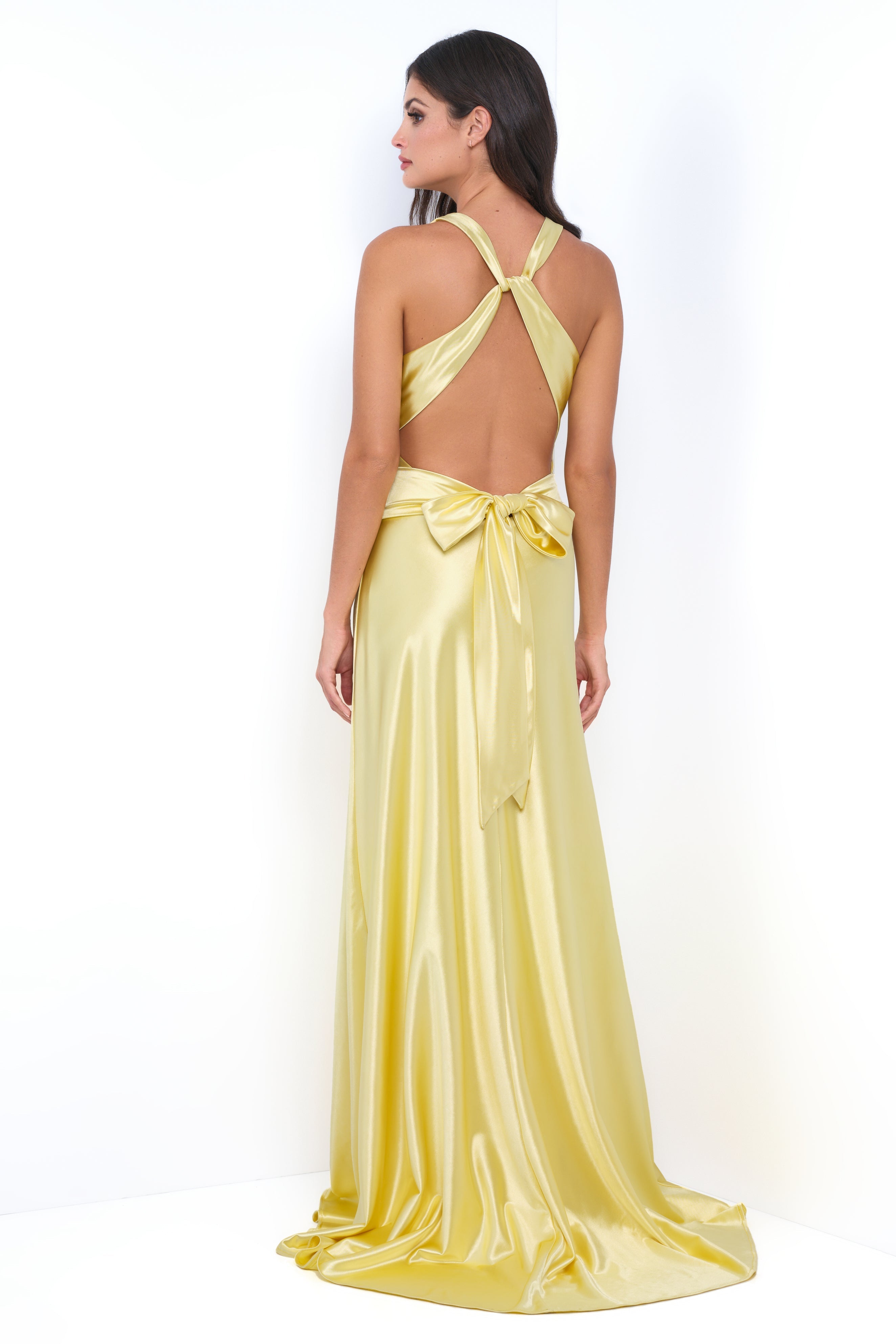 Odette Maxi Dress - Yellow - Open Back With Adjustable Bow Tie Detail - DestGlow