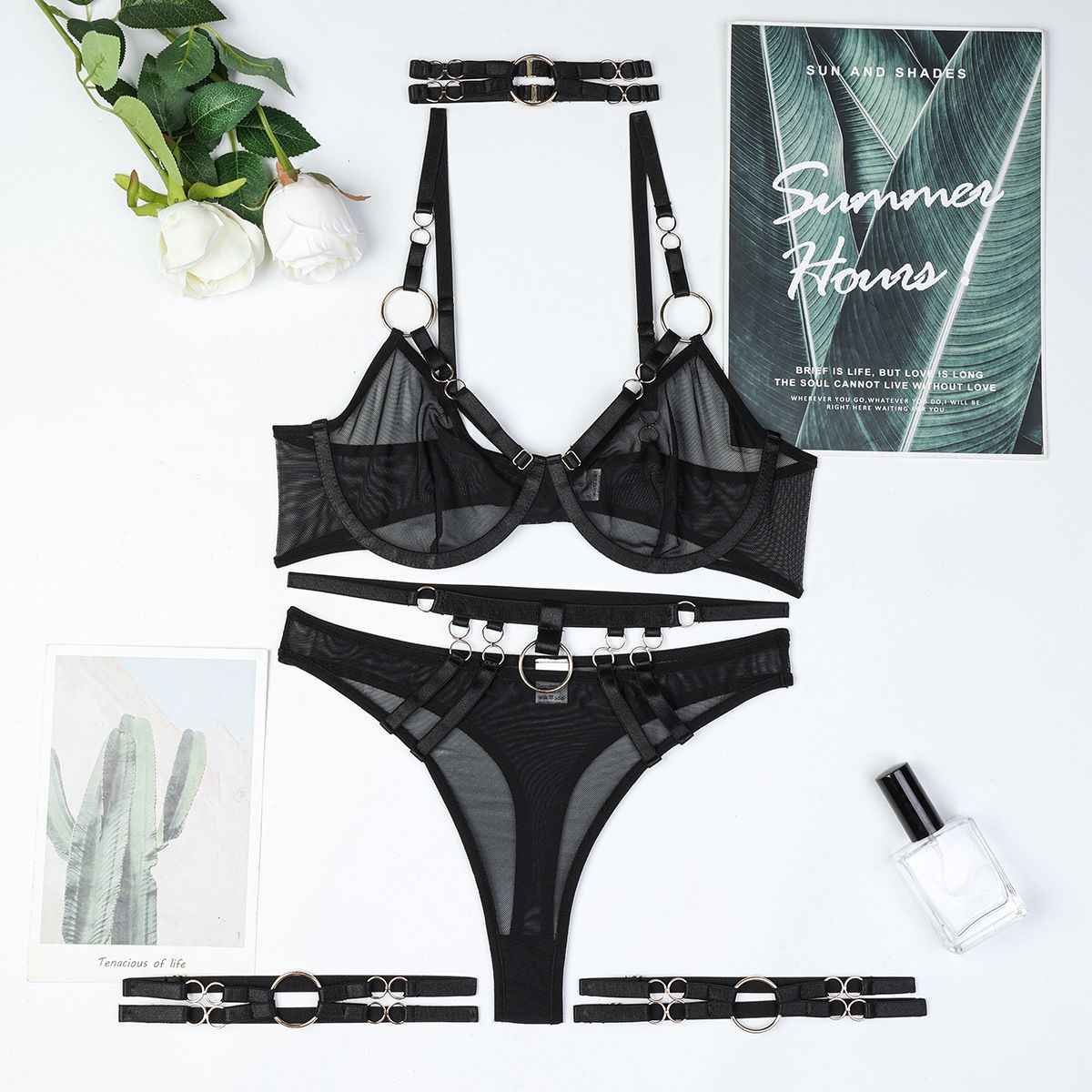 Obsession Strapped 4 Piece Black Lingerie Set - lingerie & underwear