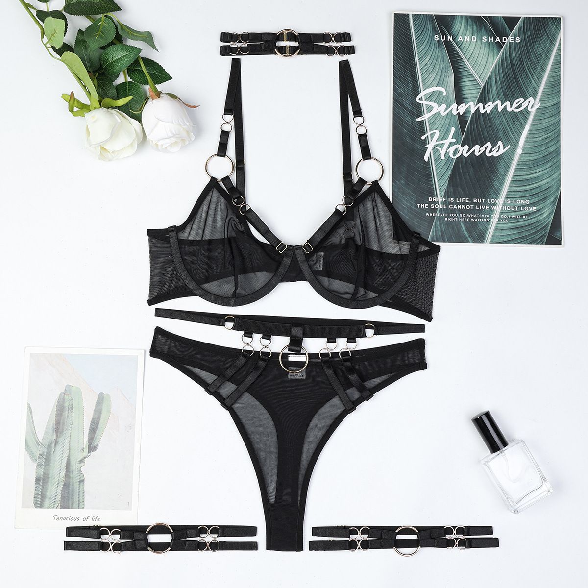 Obsession Strapped 4 Piece Black Lingerie Set by Lingerie By Coco