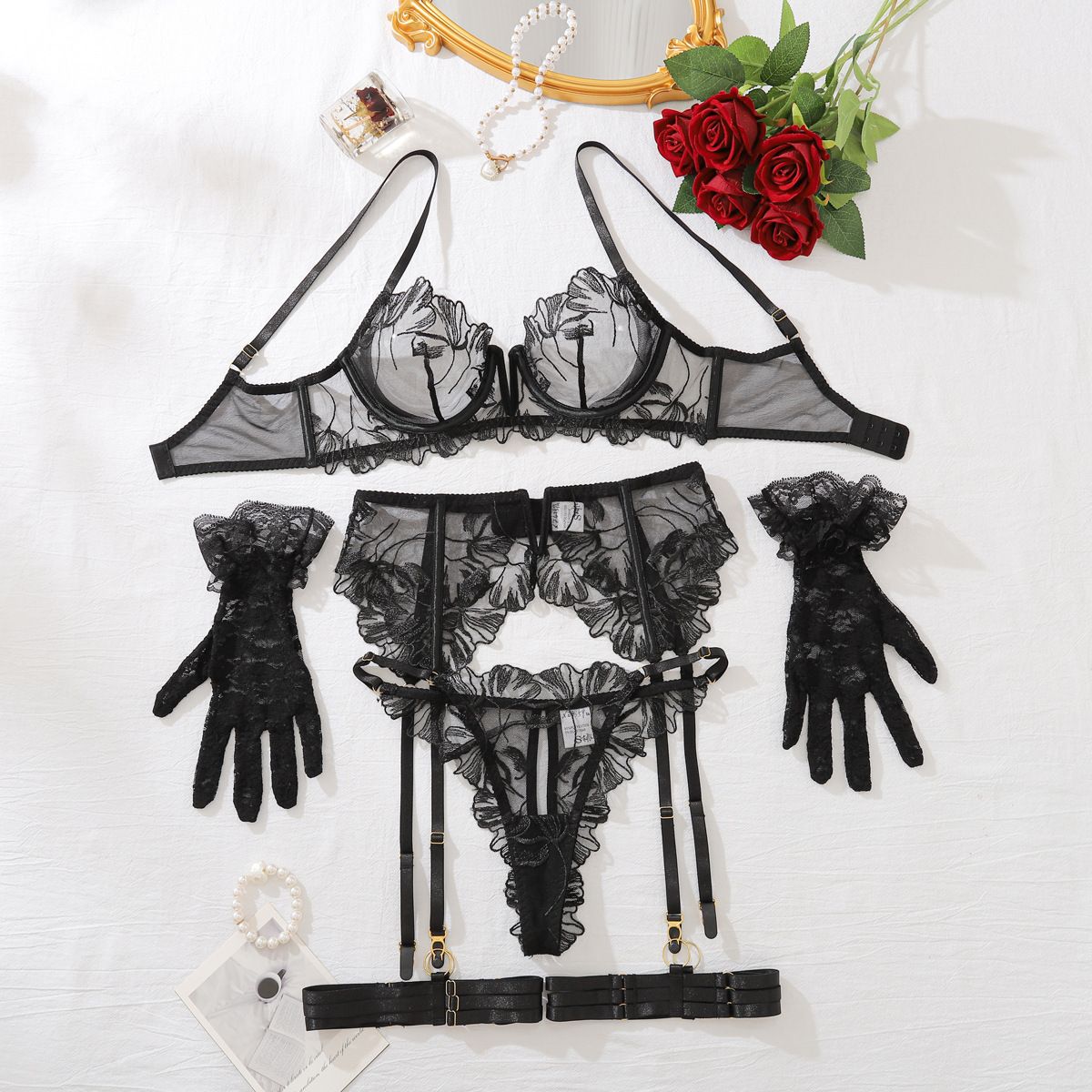 Midnight Bloom Lace Lingerie Set by Lingerie By Coco