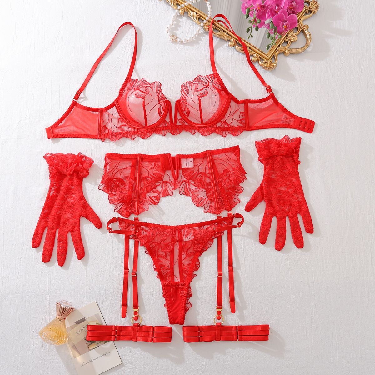 Midnight Bloom Lace Lingerie Set Red by Lingerie By Coco