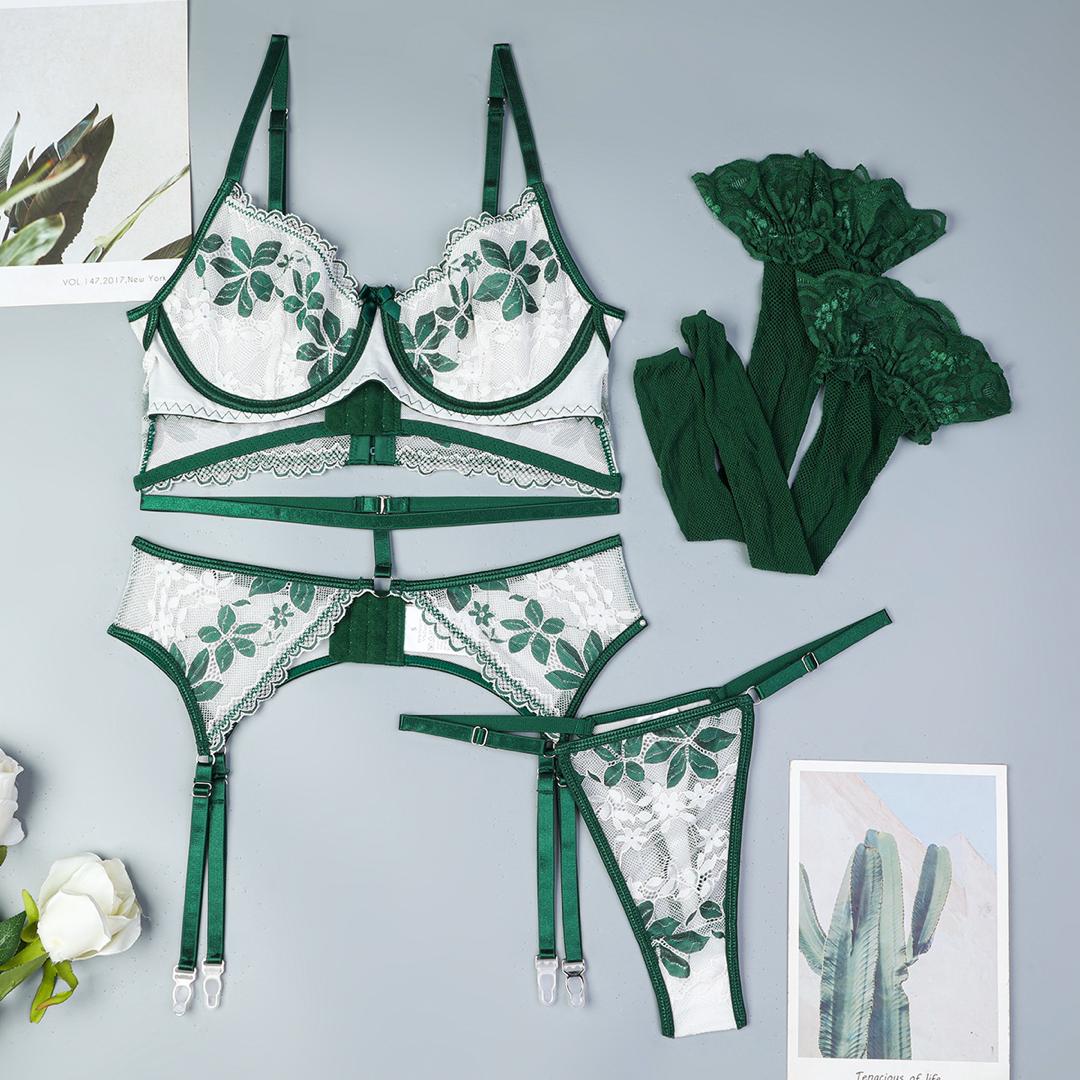 Emerald Bloom Embroidered Lingerie 4 Piece Set by Lingerie By Coco