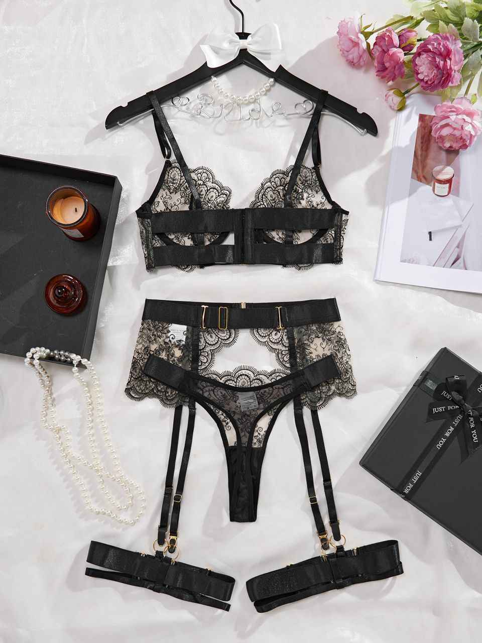 Noir Elegance Lace 4 Piece Lingerie Set - lingerie & underwear