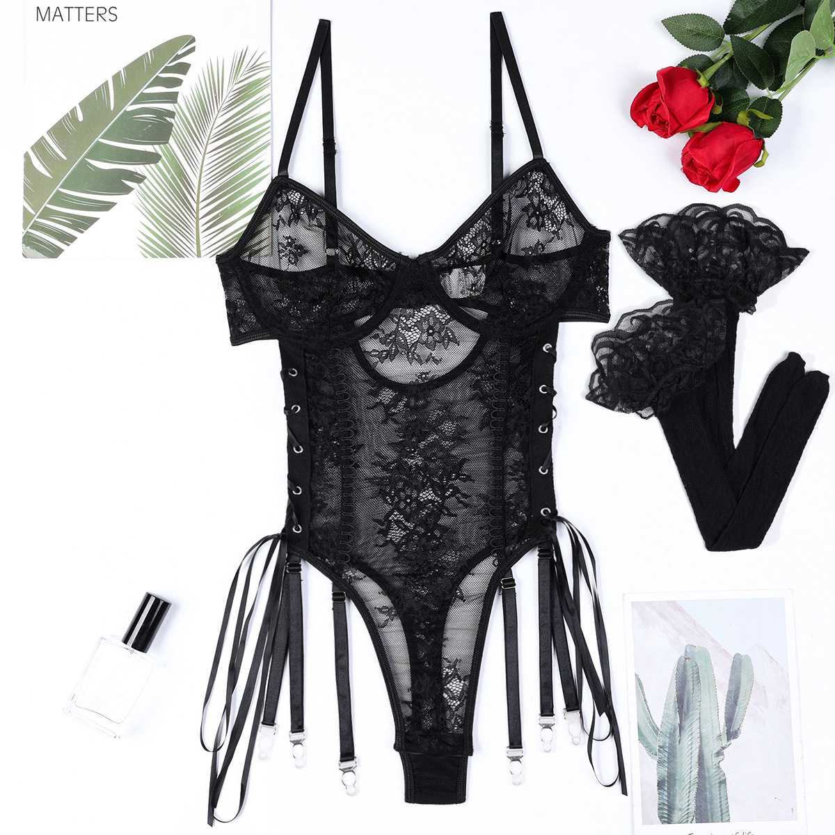 Vienna Lace-Up Sheer Lace 2 Piece Black Bodysuit by Lingerie By Coco