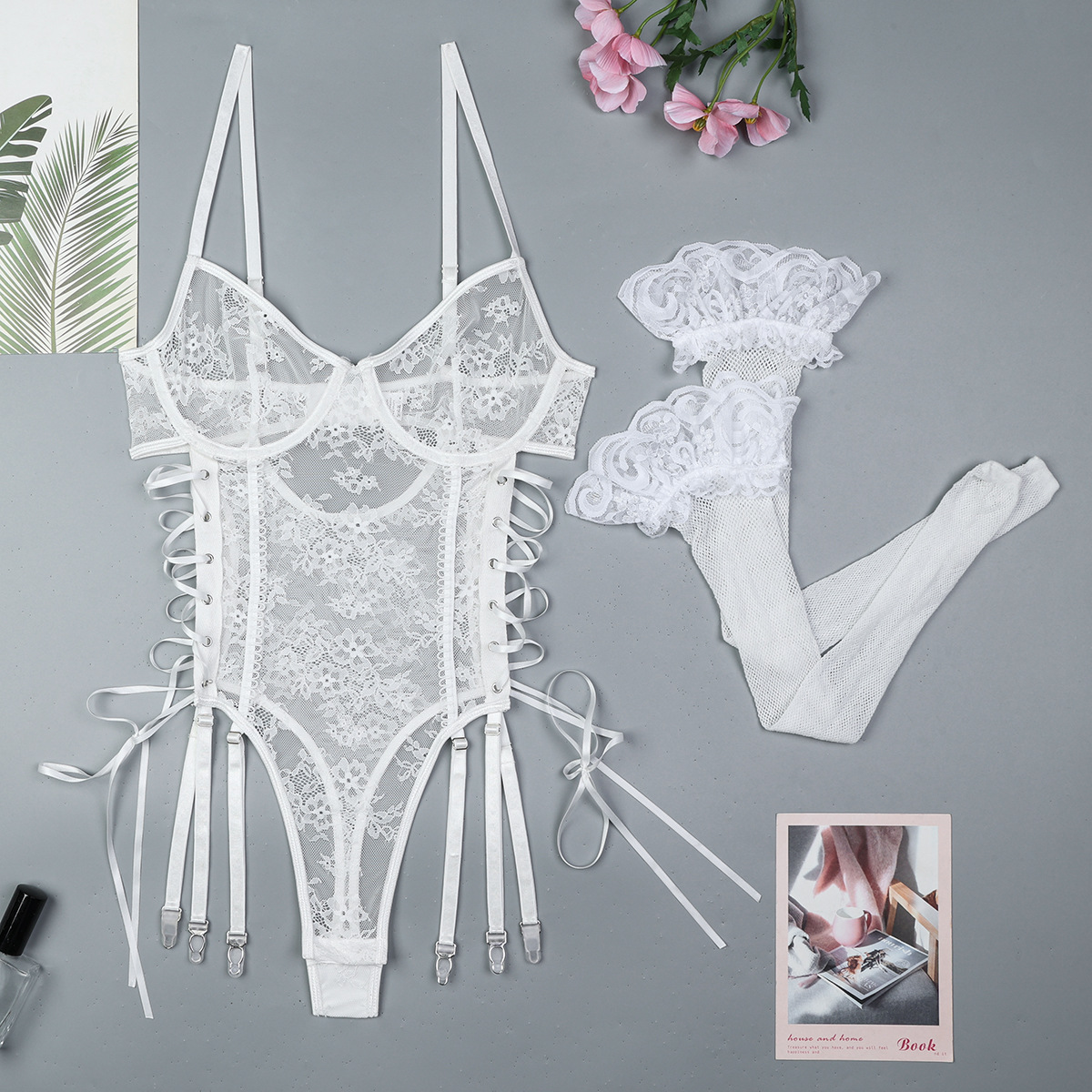 Vienna Lace-Up Sheer Lace 2 Piece White Bodysuit by Lingerie By Coco