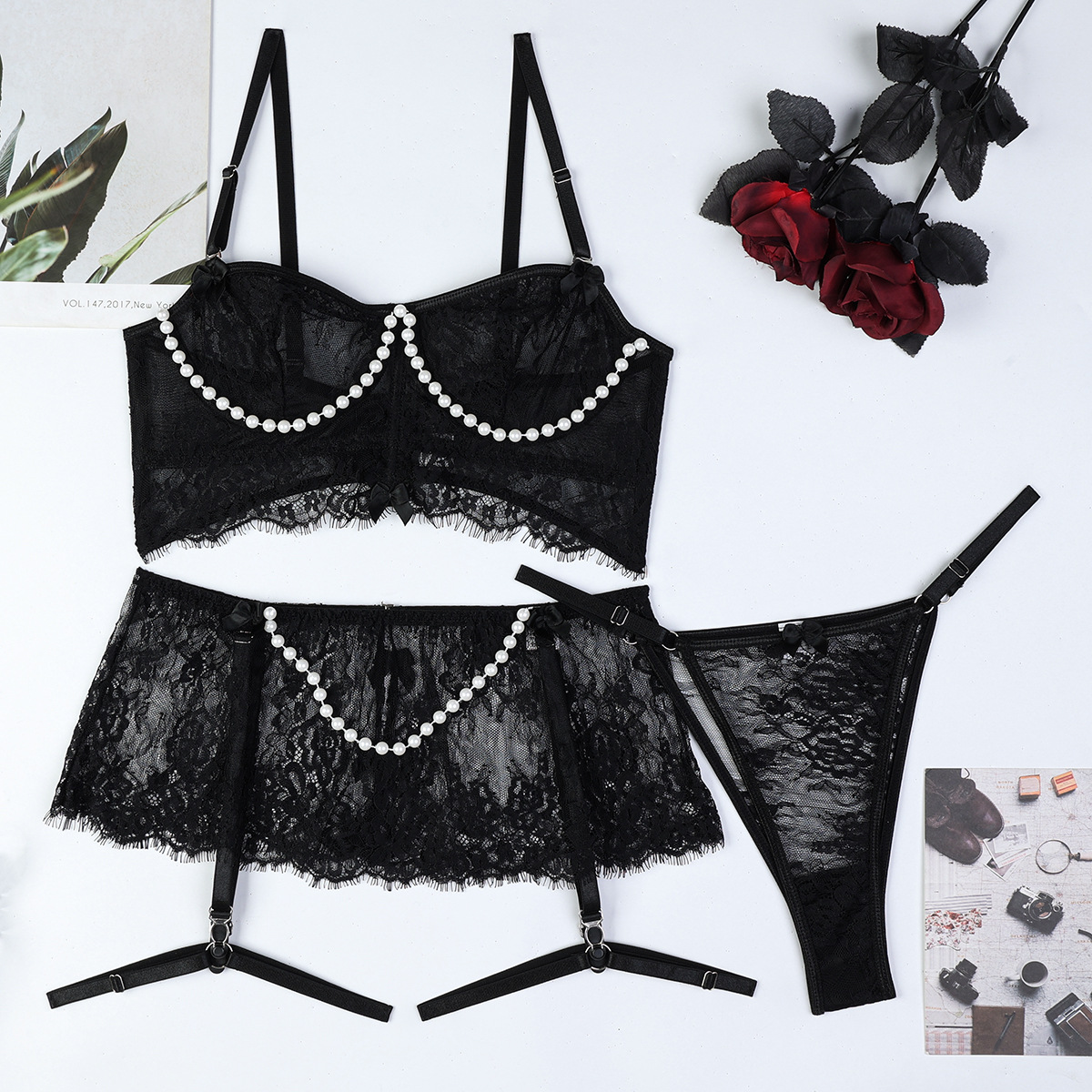 Luna Pearl Embellished Lace 4 Piece Lingerie Set by Lingerie By Coco