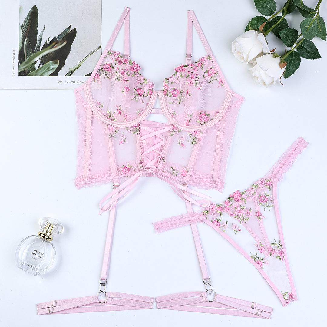 Rose Garden Embroidered Lace 3 Piece Lingerie Set by Lingerie By Coco