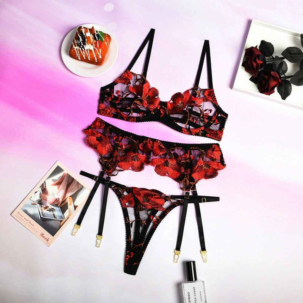 Scarlet Petals Lace 3 Piece Lingerie Set - lingerie & underwear