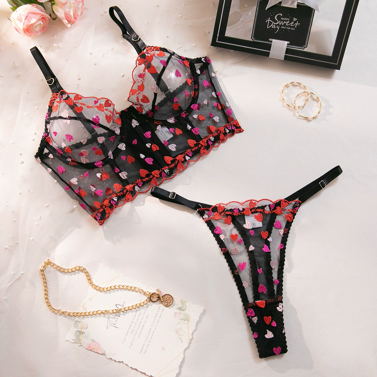 Amora Sheer Heart Embroidered 2 Piece Lingerie Set by Lingerie By Coco