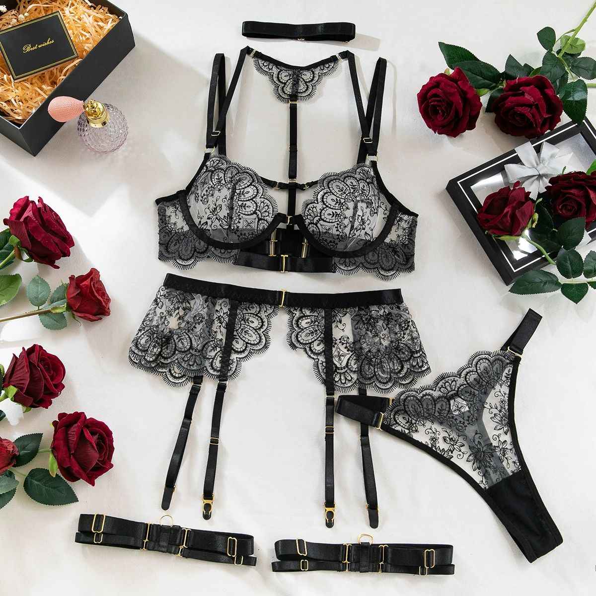 Enchanting Lace Harness 5 Piece Lingerie Set - lingerie & underwear