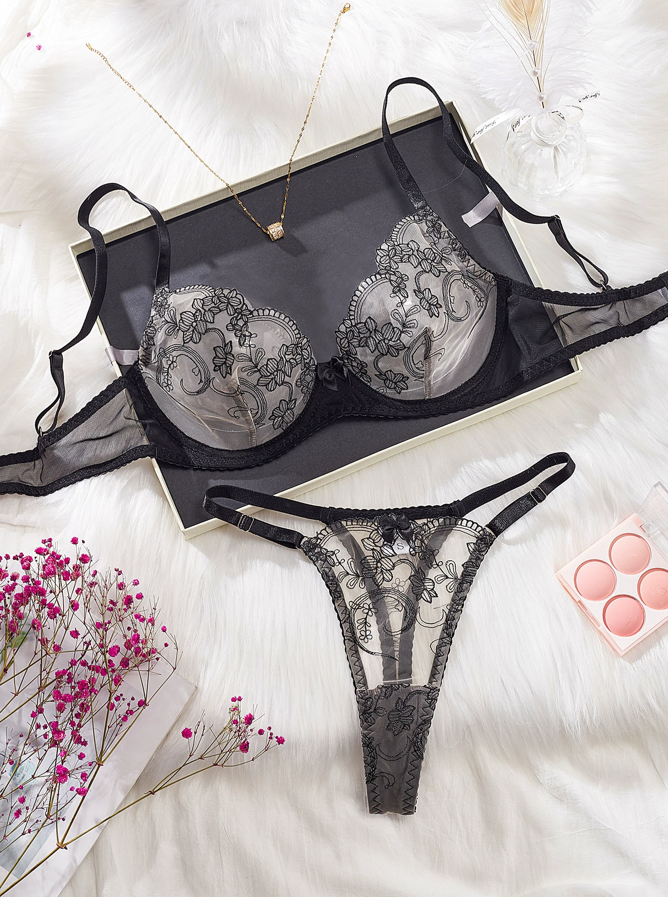 Midnight Embroidered 2-Piece Lace Lingerie Set by Lingerie By Coco