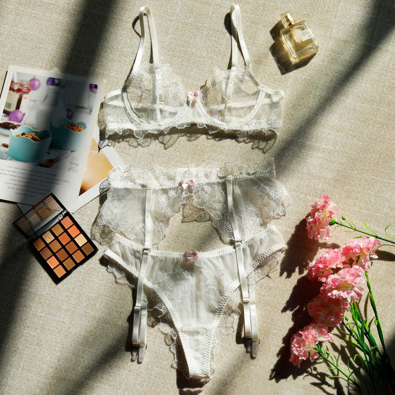 Moonlit Lace Embroidered 3 Piece Lingerie Set by Lingerie By Coco