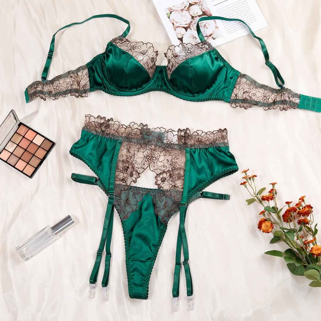 Emerald Envy Satin & Lace Garter 3 Piece Set