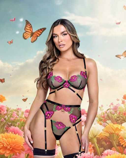 Peony Paradise 3-Piece Garter Bra Set