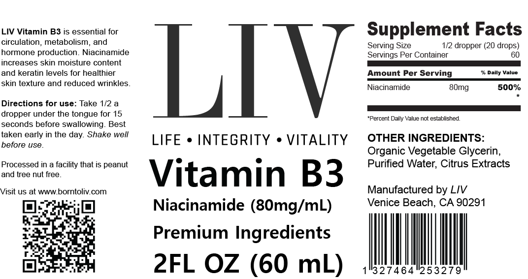 Vitamin B3 Niacin Liquid (Niacinamide 80mg, 60 servings) by LIV