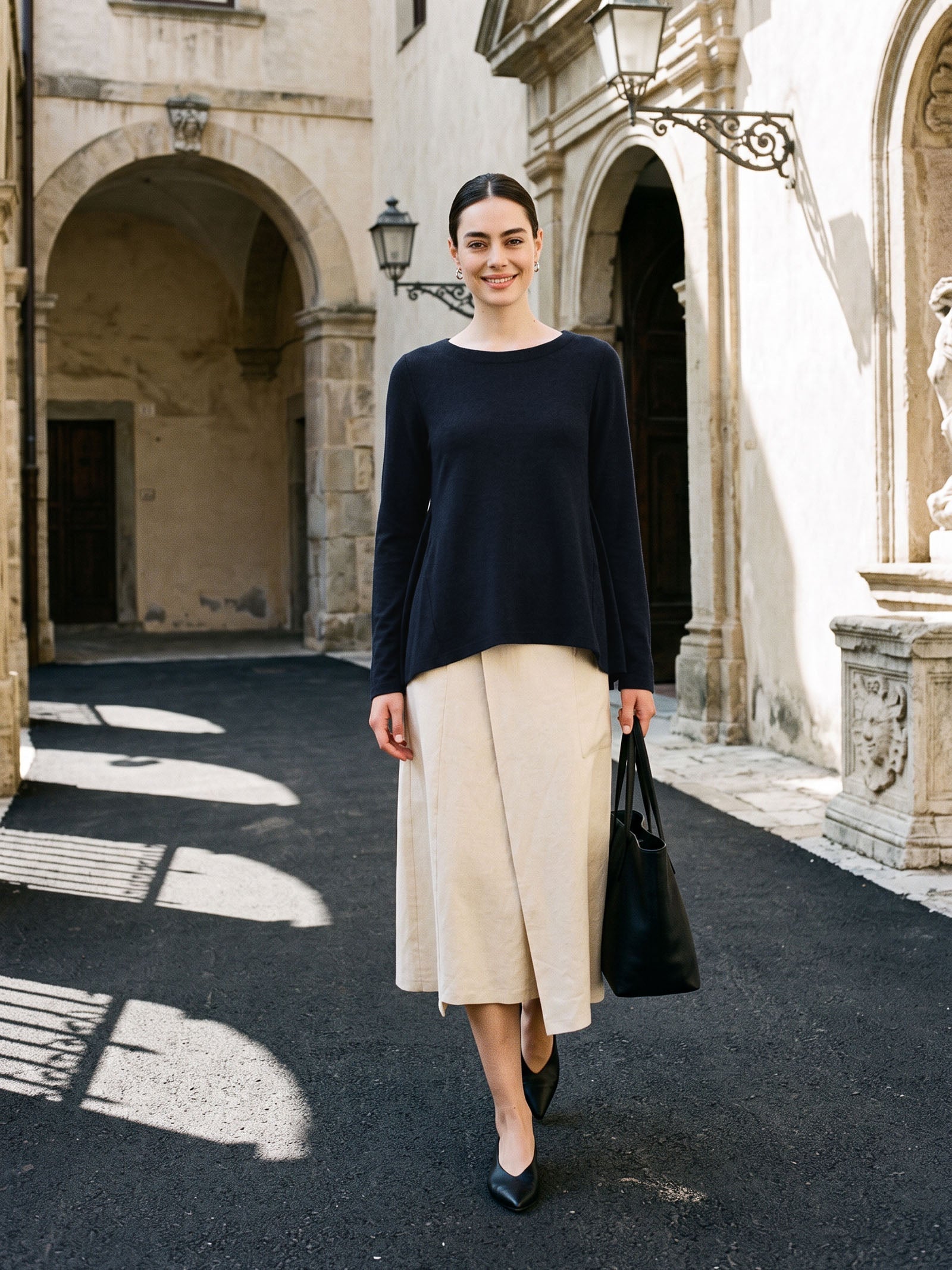 Wool Panelled Ruched Asymmetric Hem Top KALISTA