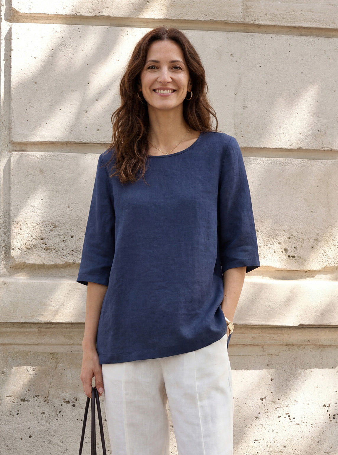 100% Linen Relaxed Back Button Top with Tab Sleeves SYLVANA DestGlow