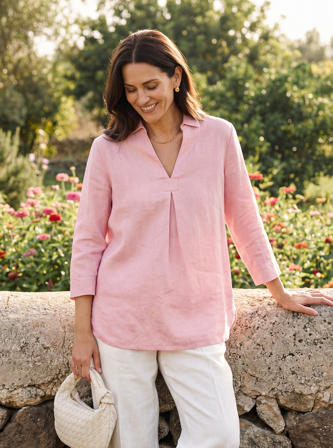 100% Linen Layered Lapel V-neck Sculpted Front Pleat Longline Top ODALYS DestGlow