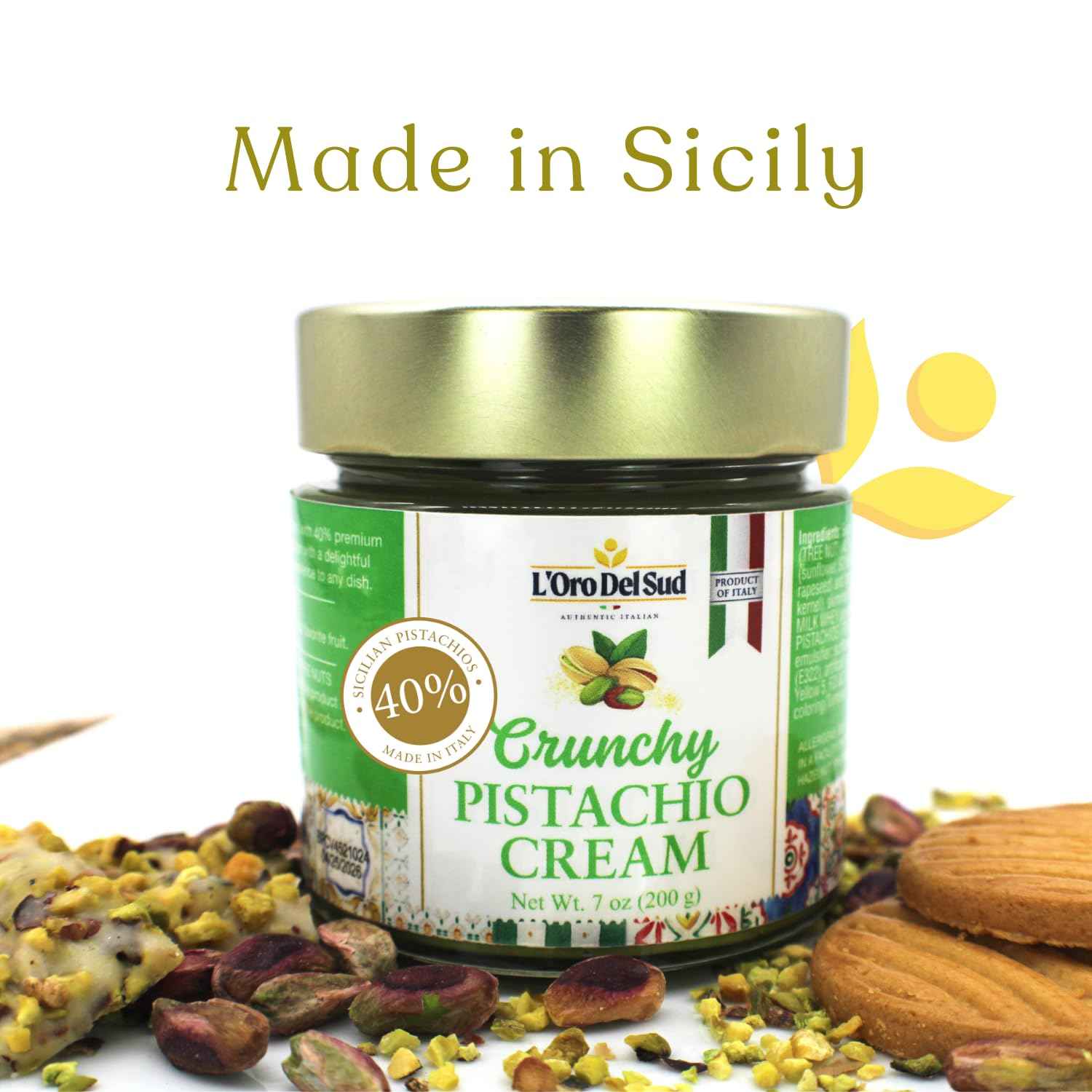 LOro Del Sud, Crunchy Pistachio Cream Premium 40% Pistachios, 7oz (200g)
