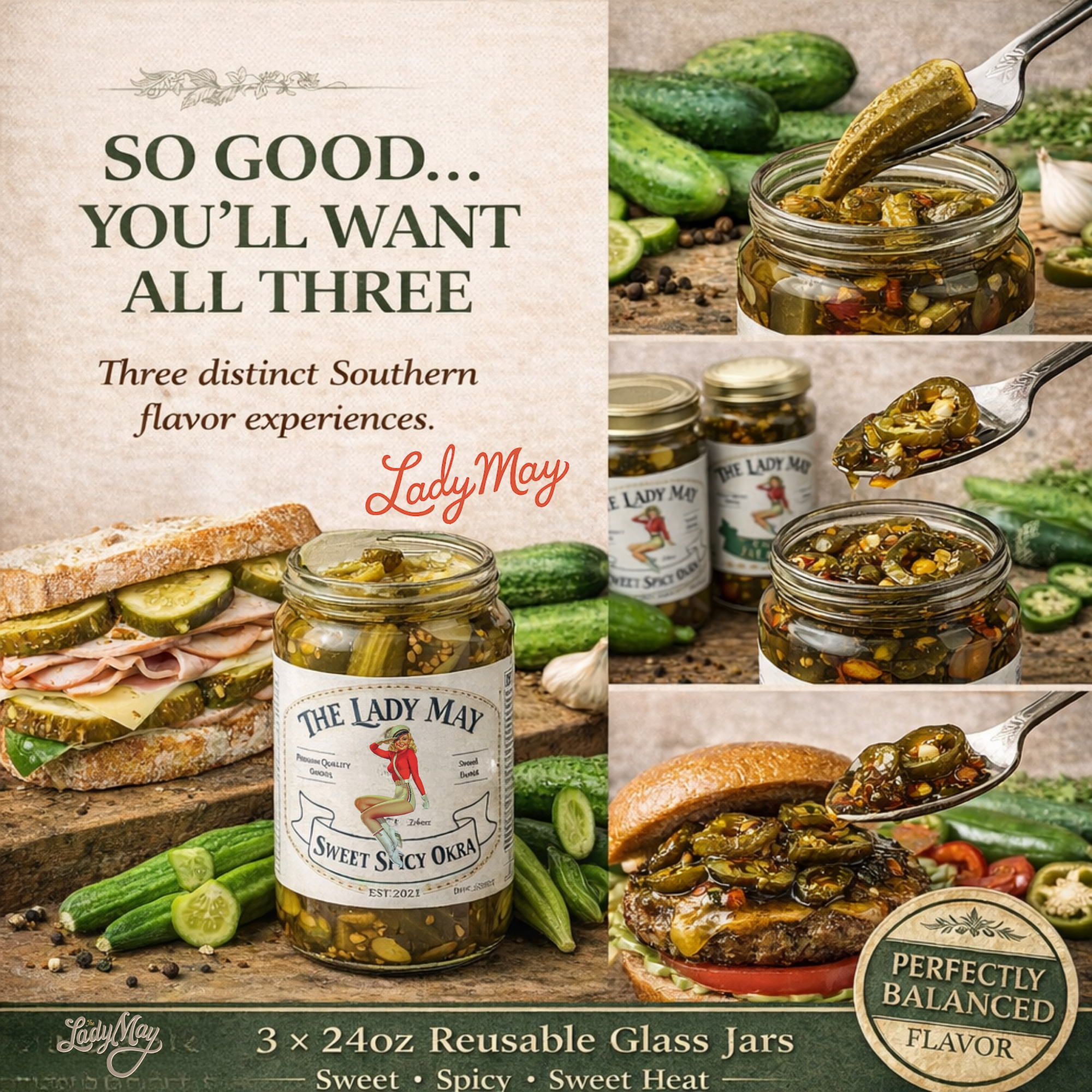 Lady May Pickle Trio Gift Set – 3 Pack Bundle (24oz Jars) – Bread & Butter Sweet Pickles, Sweet & Spicy Pickled Okra, Candied Jalapeños – Small Batch Southern Style – Restaurant Made Gourmet Pickles by The Lady May