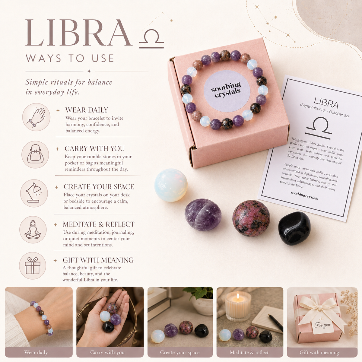 LIBRA Zodiac Crystal Kit, Libra Birthstones Tumbled Stones Set, Libra Gifts DestGlow