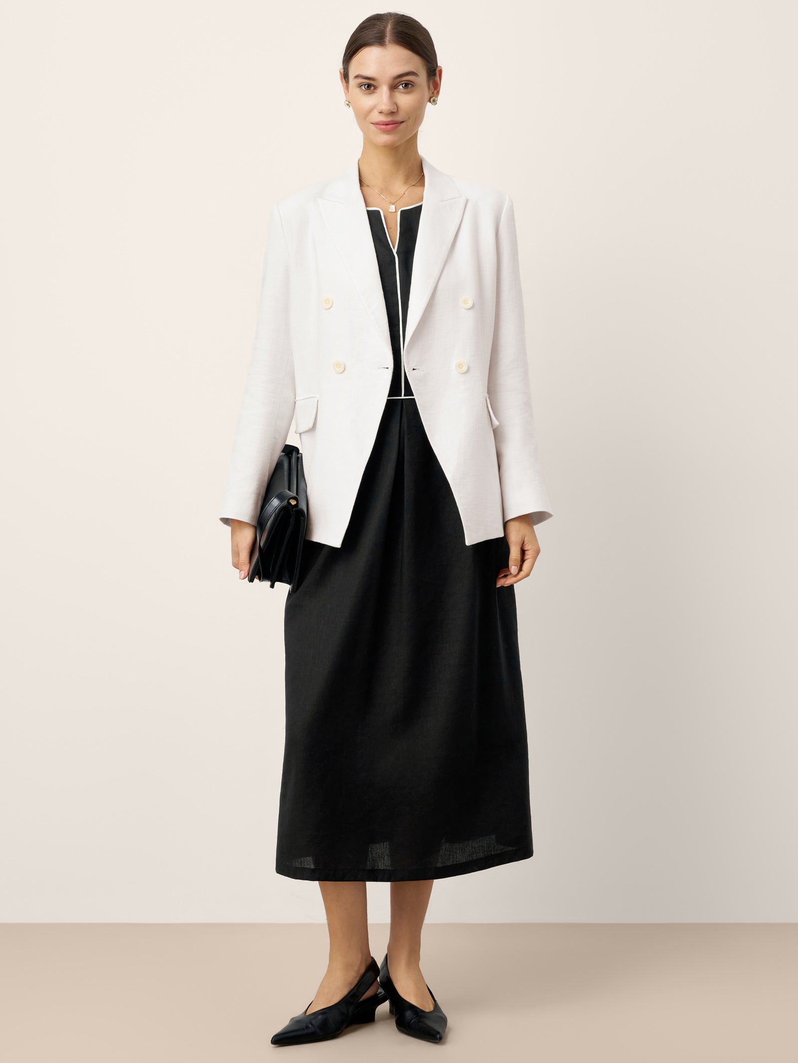Linen-Lyocell Contrast Trim Gathered Midi Dress NYX DestGlow