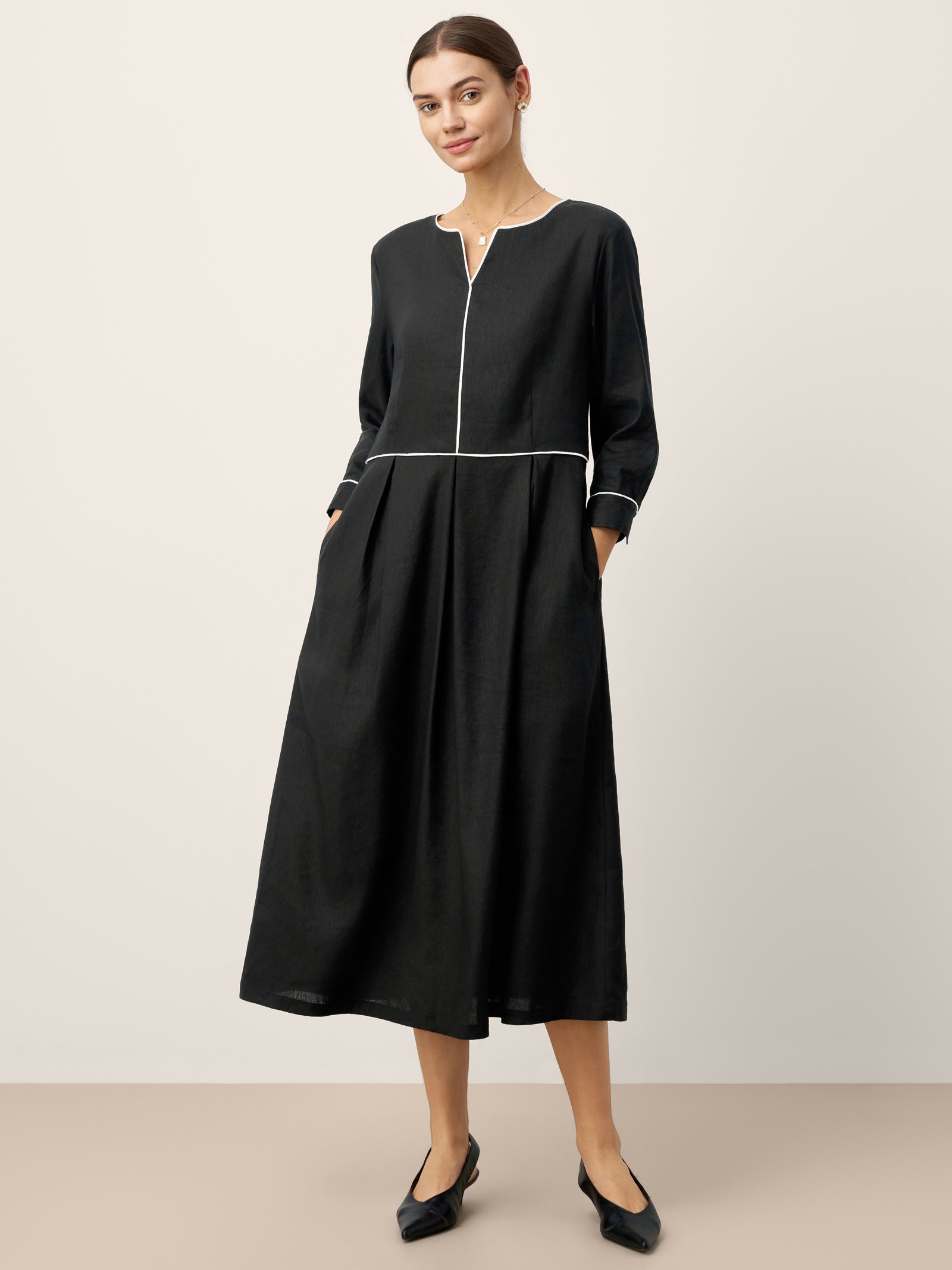 Linen-Lyocell Contrast Trim Gathered Midi Dress NYX DestGlow