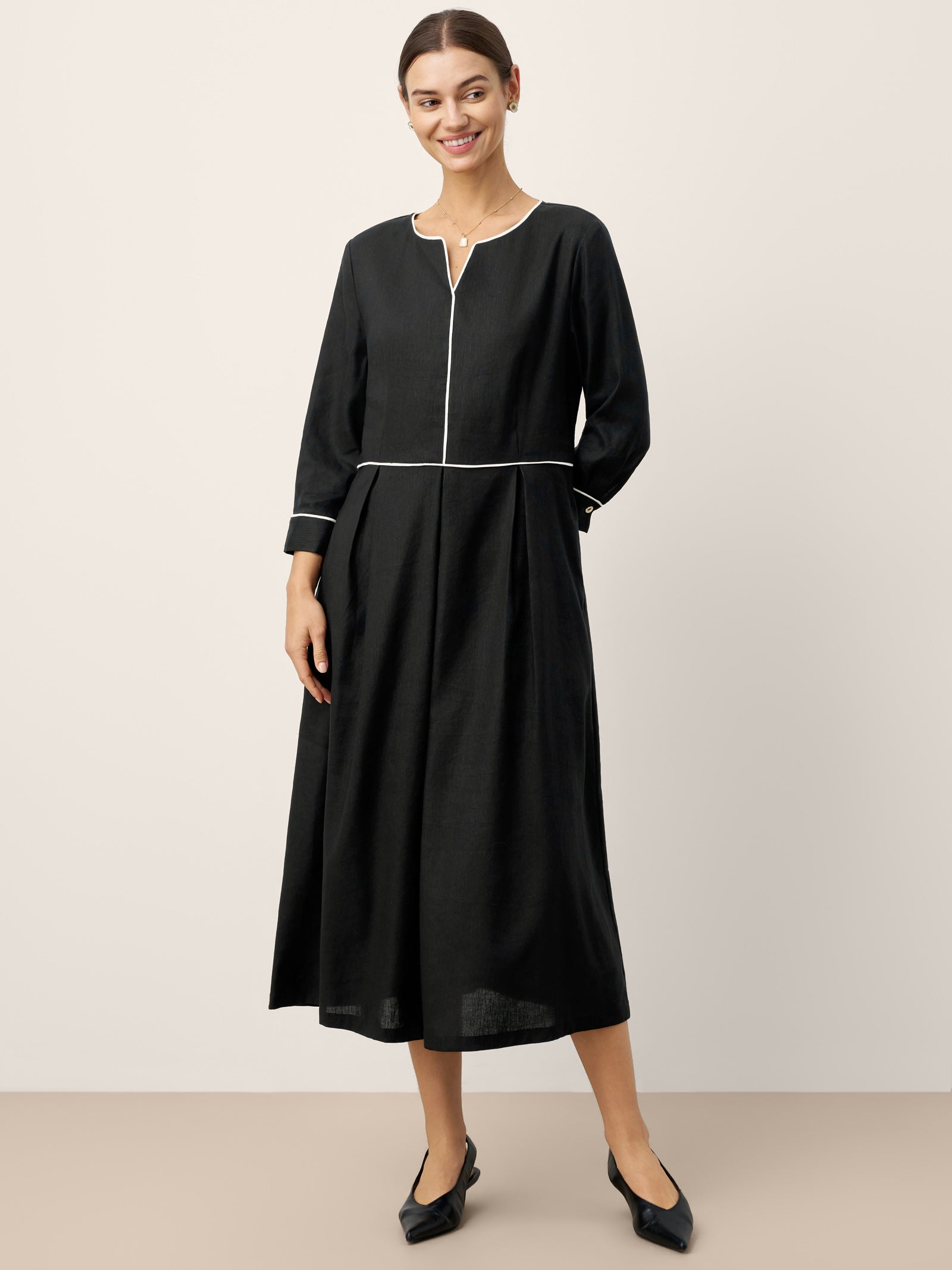 Linen-Lyocell Contrast Trim Gathered Midi Dress NYX DestGlow