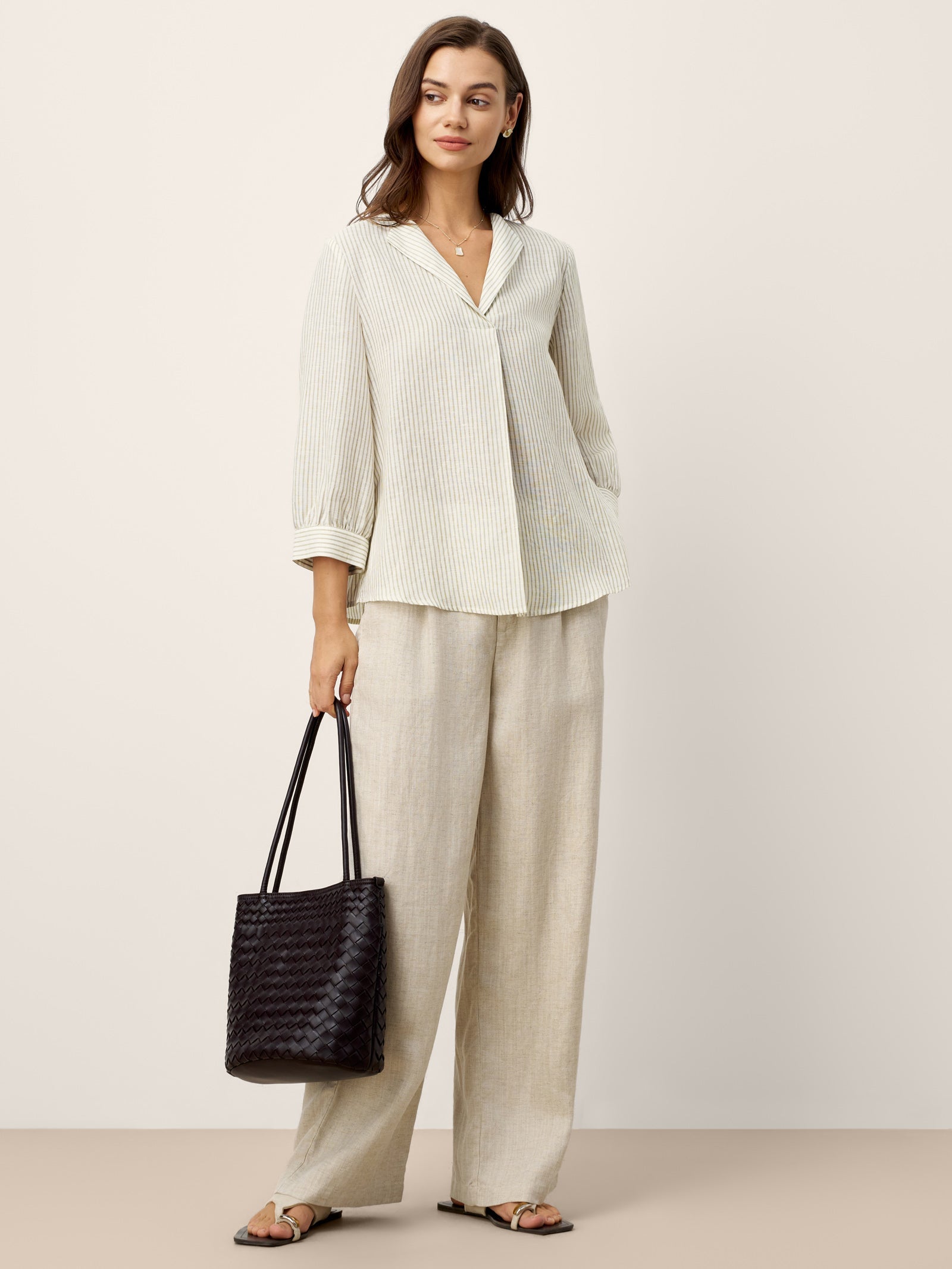 Linen-Lyocell Striped Lapel Inverted Pleat Pullover Top MARGOT by LINTICO
