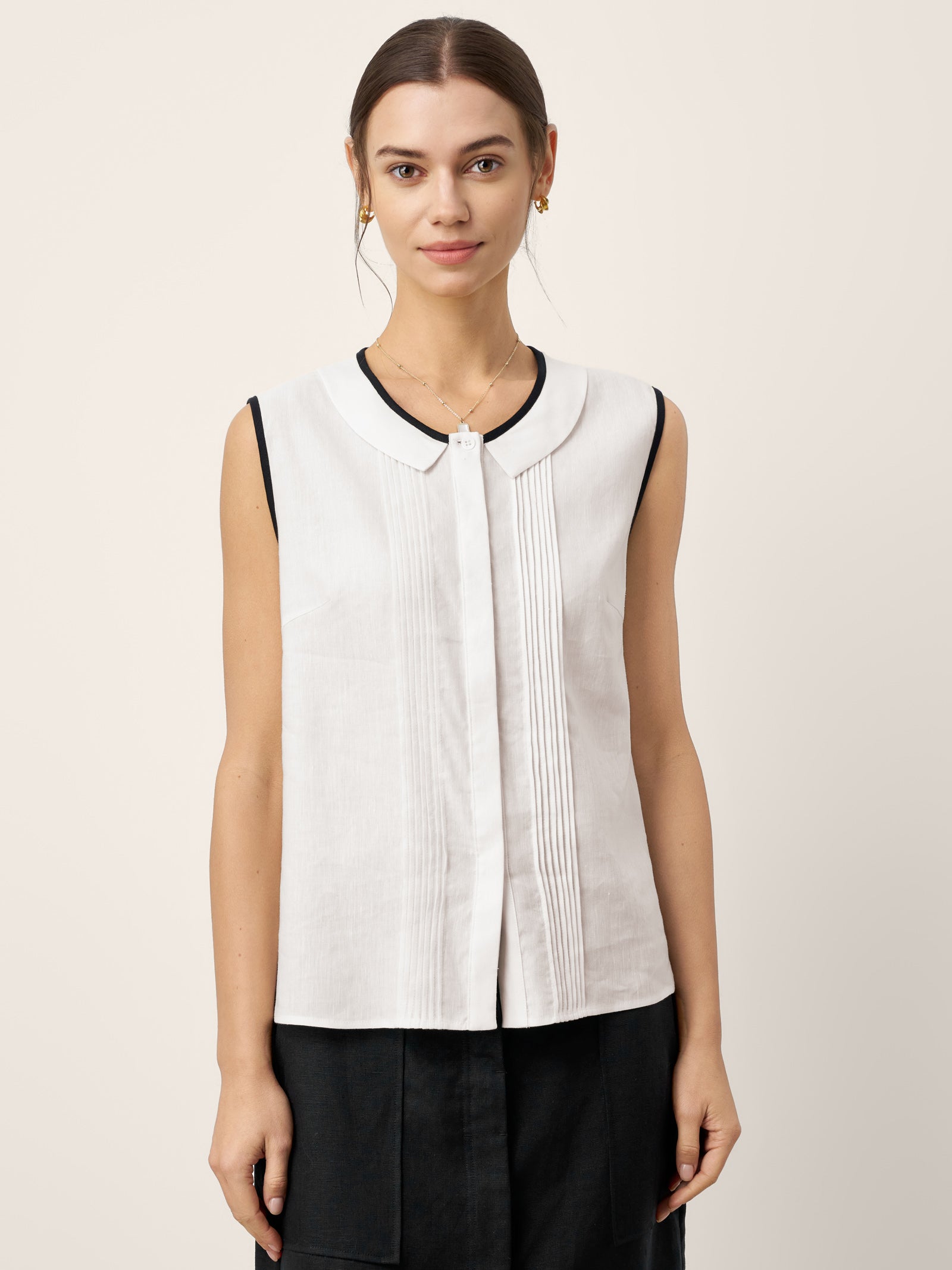 Linen-Lyocell Contrast Trim Pleated Sleeveless Top JUNIPER by LINTICO
