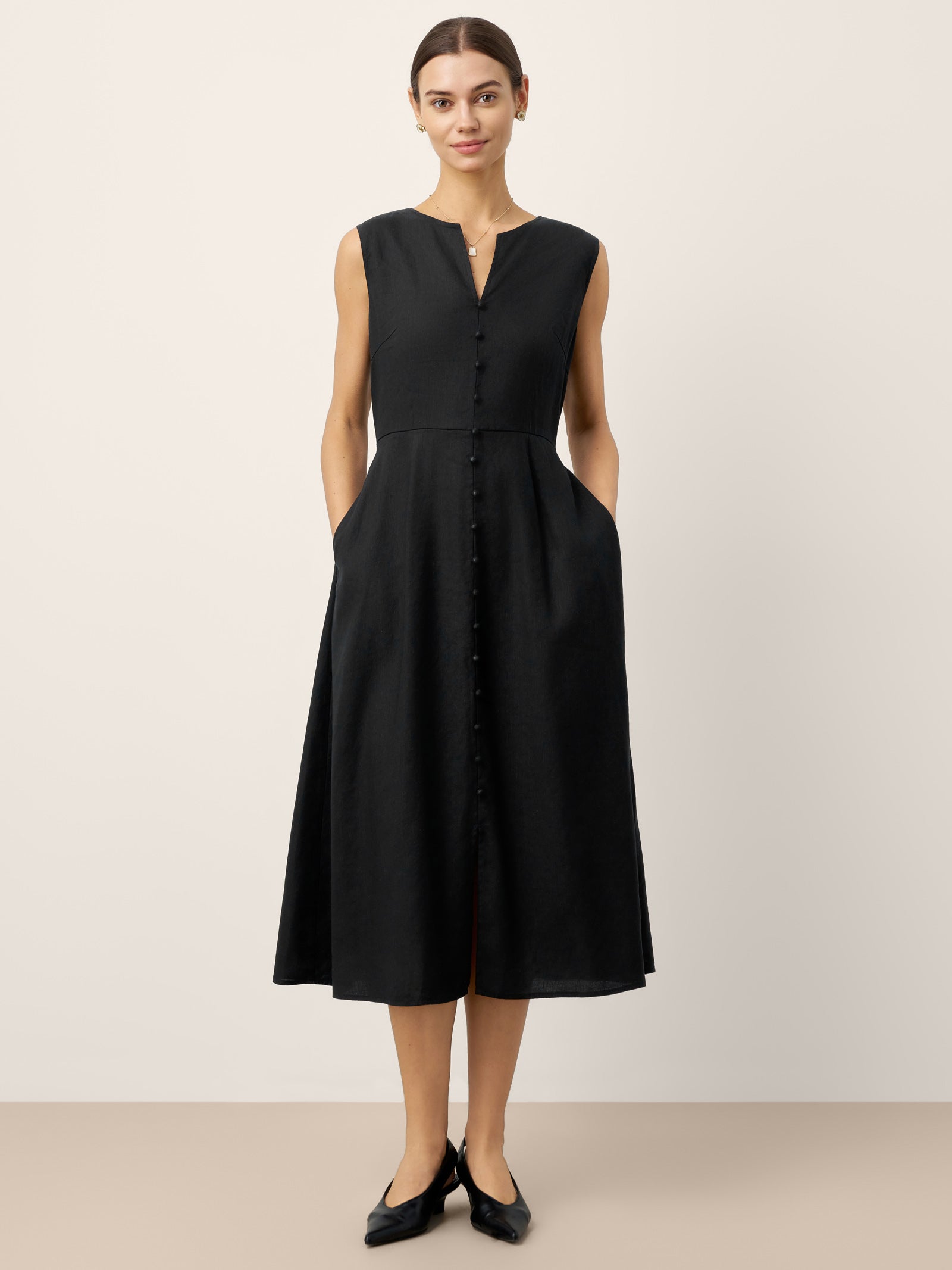 Linen-Lyocell V-Neck Sleeveless Midi Dress WILLOW DestGlow