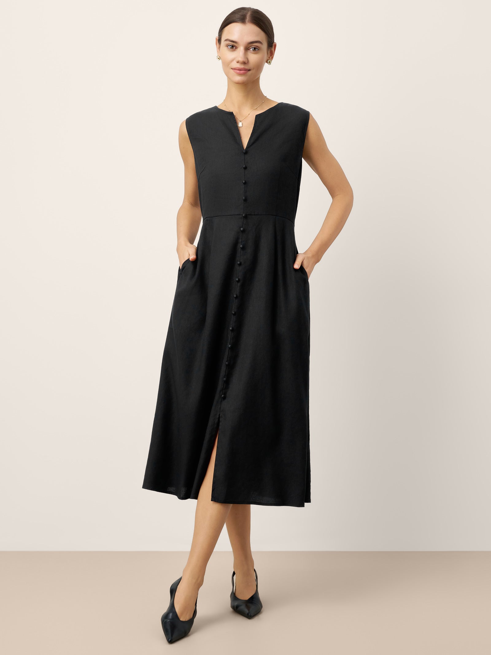Linen-Lyocell V-Neck Sleeveless Midi Dress WILLOW DestGlow