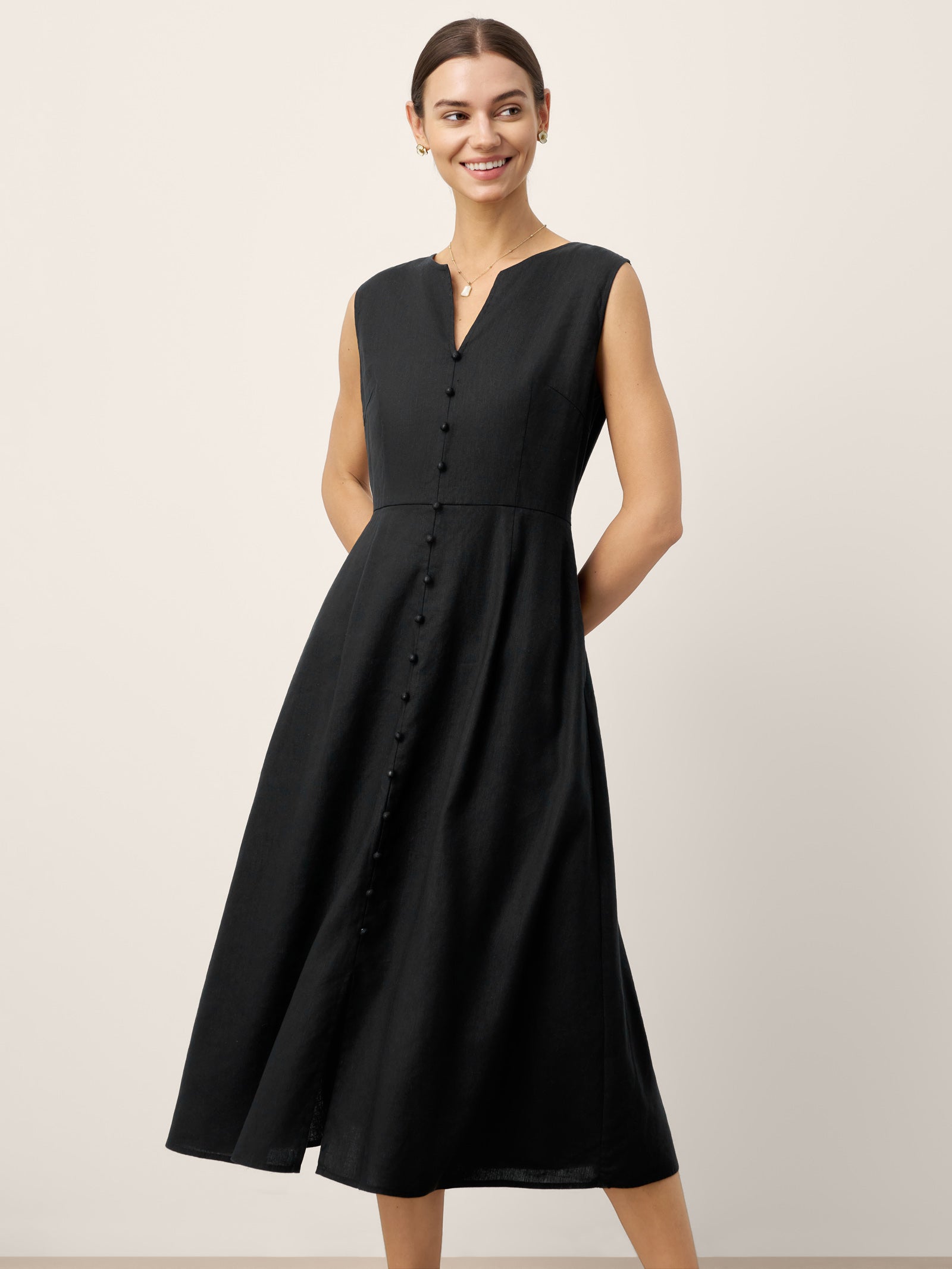Linen-Lyocell V-Neck Sleeveless Midi Dress WILLOW DestGlow