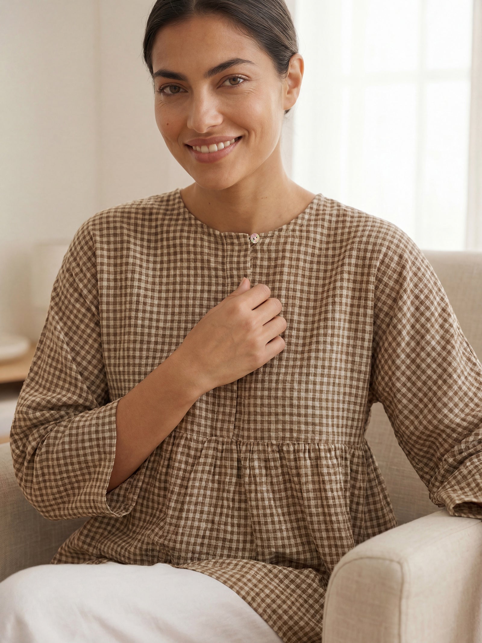 Linen Checked Long-Sleeved Top CAROLINE by LINTICO