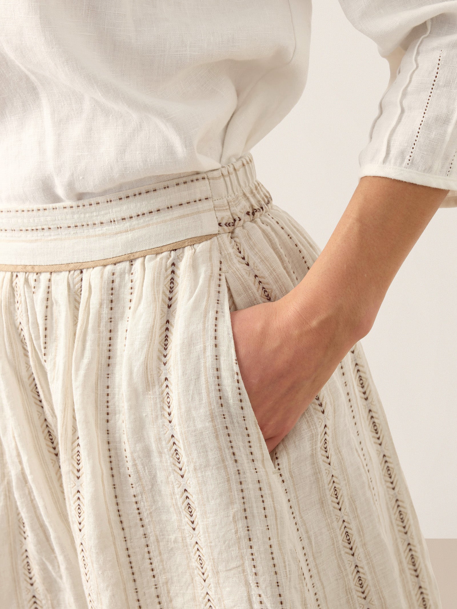Linen Striped Contrast Trim A-Line Bohemian Skirt with Lining ISMERIE by LINTICO