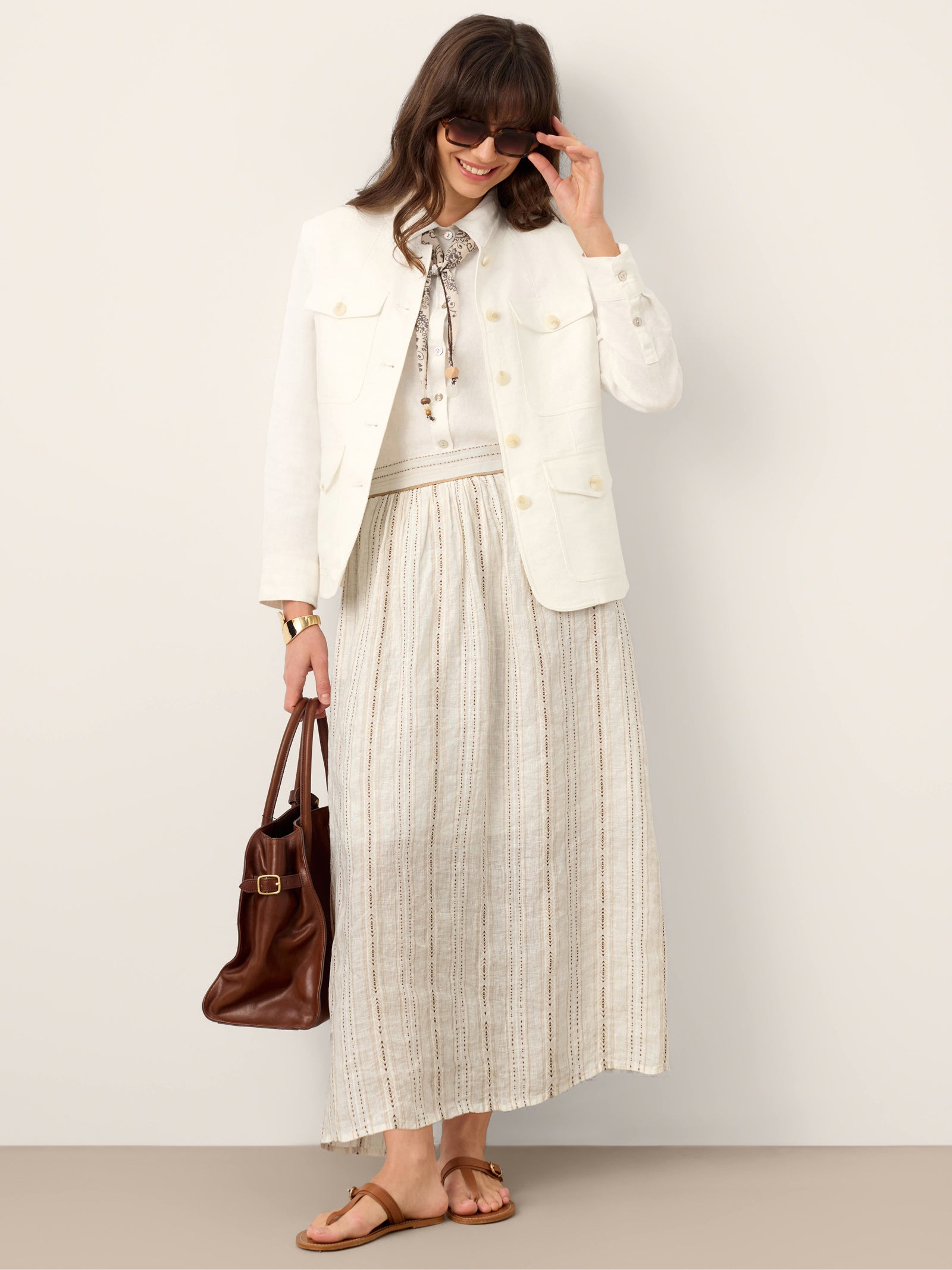 Linen Striped Contrast Trim A-Line Bohemian Skirt with Lining ISMERIE by LINTICO