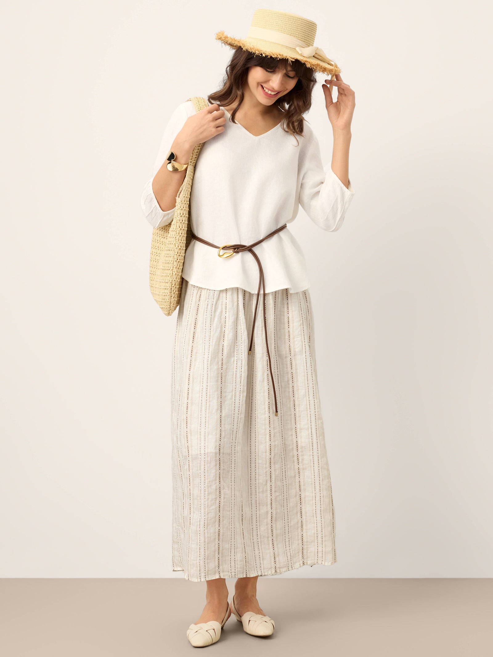 Linen Striped Contrast Trim A-Line Bohemian Skirt with Lining ISMERIE by LINTICO