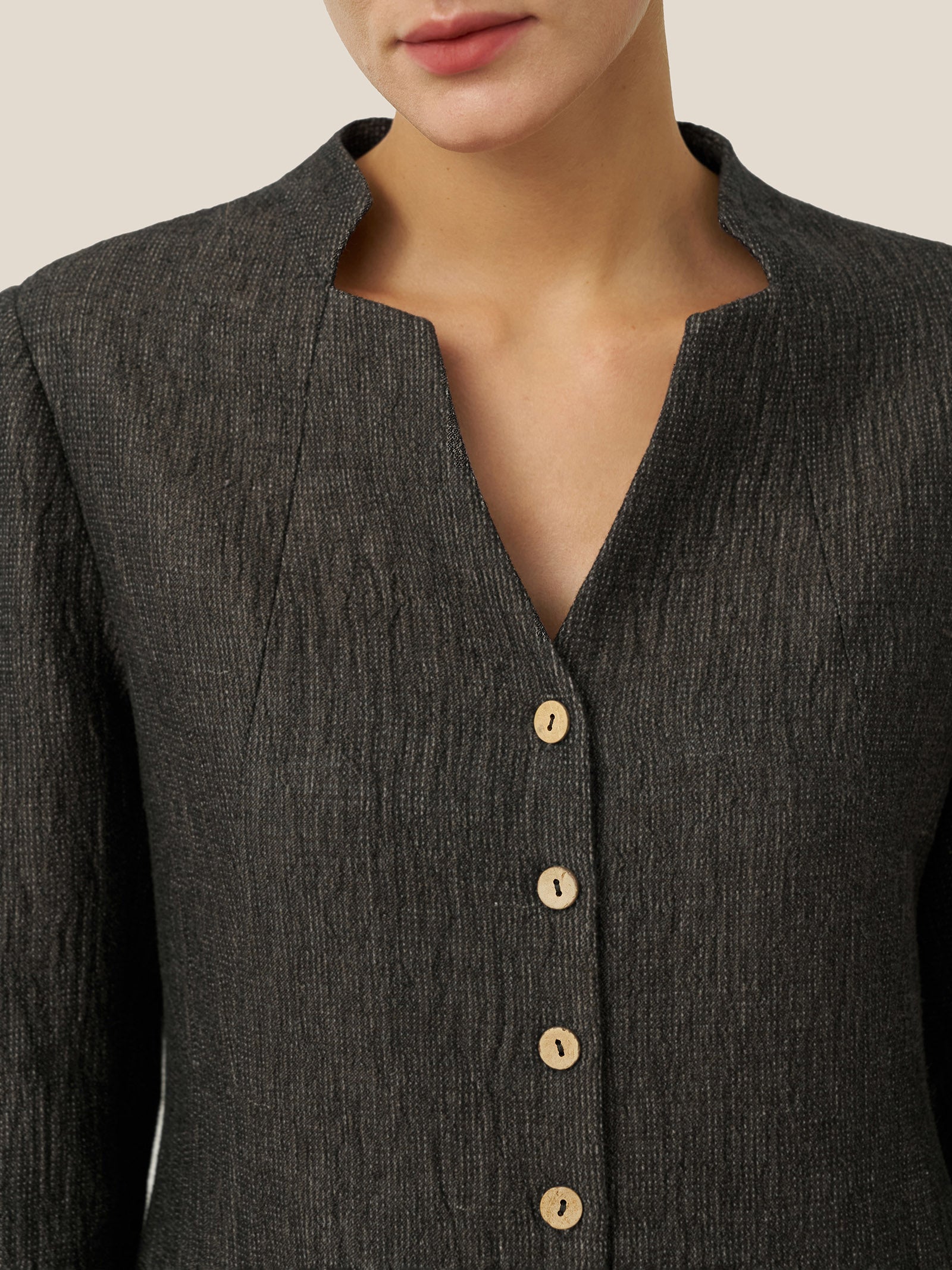 Linen Mandarin Collar Button-Up Long Shirt Jacket JORDAN DestGlow