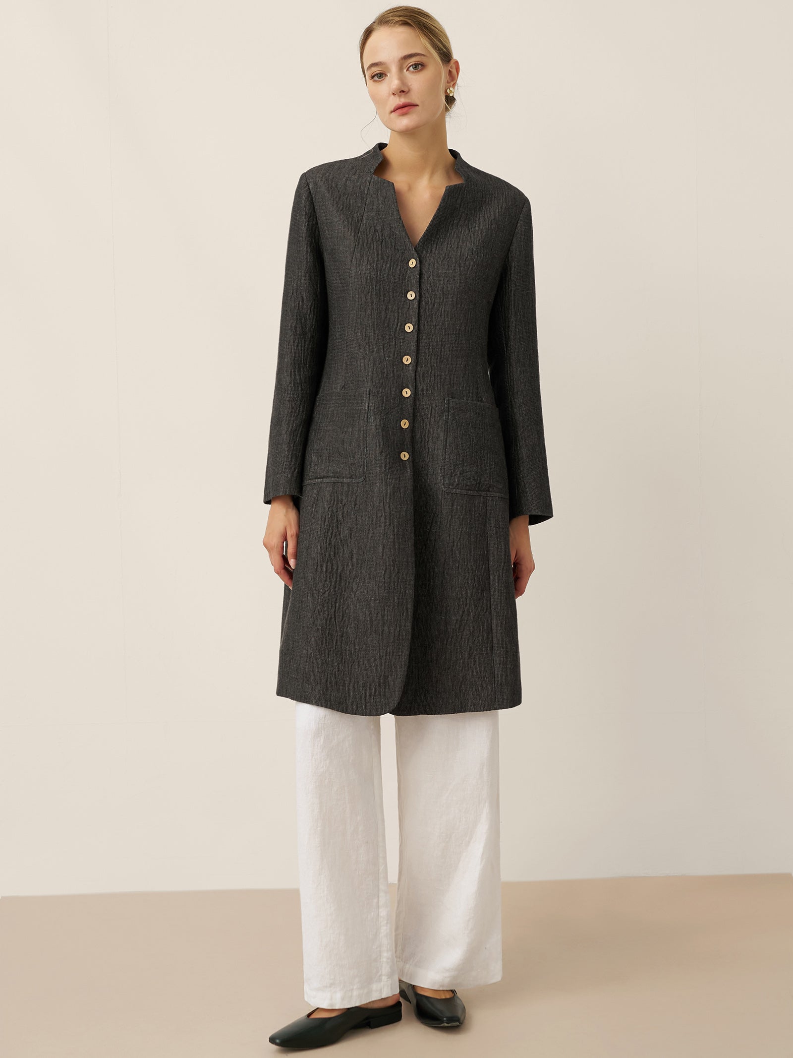 Linen Mandarin Collar Button-Up Long Shirt Jacket JORDAN