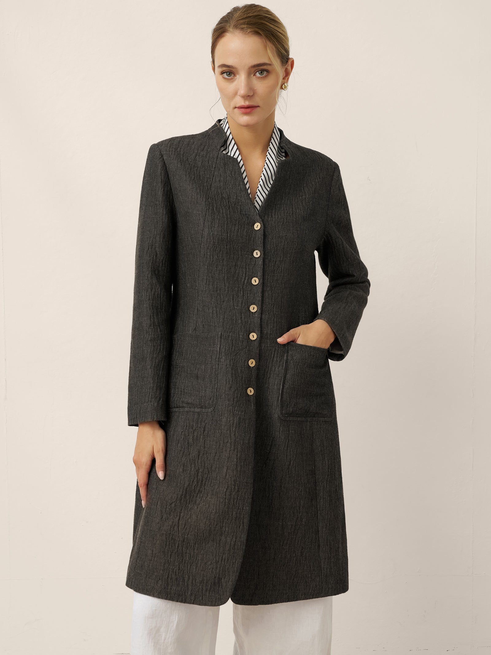 Linen Mandarin Collar Button-Up Long Shirt Jacket JORDAN by LINTICO