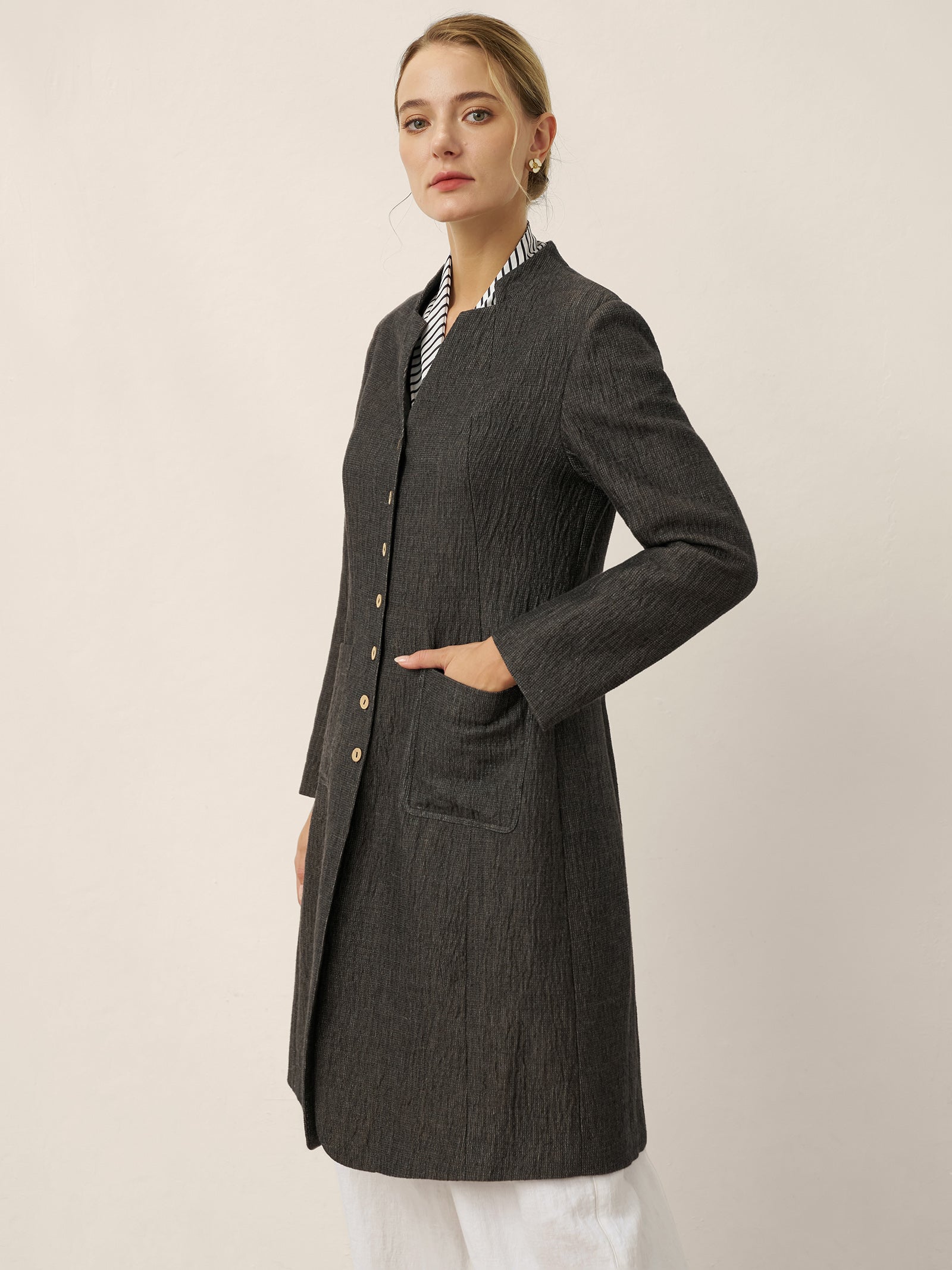 Linen Mandarin Collar Button-Up Long Shirt Jacket JORDAN DestGlow