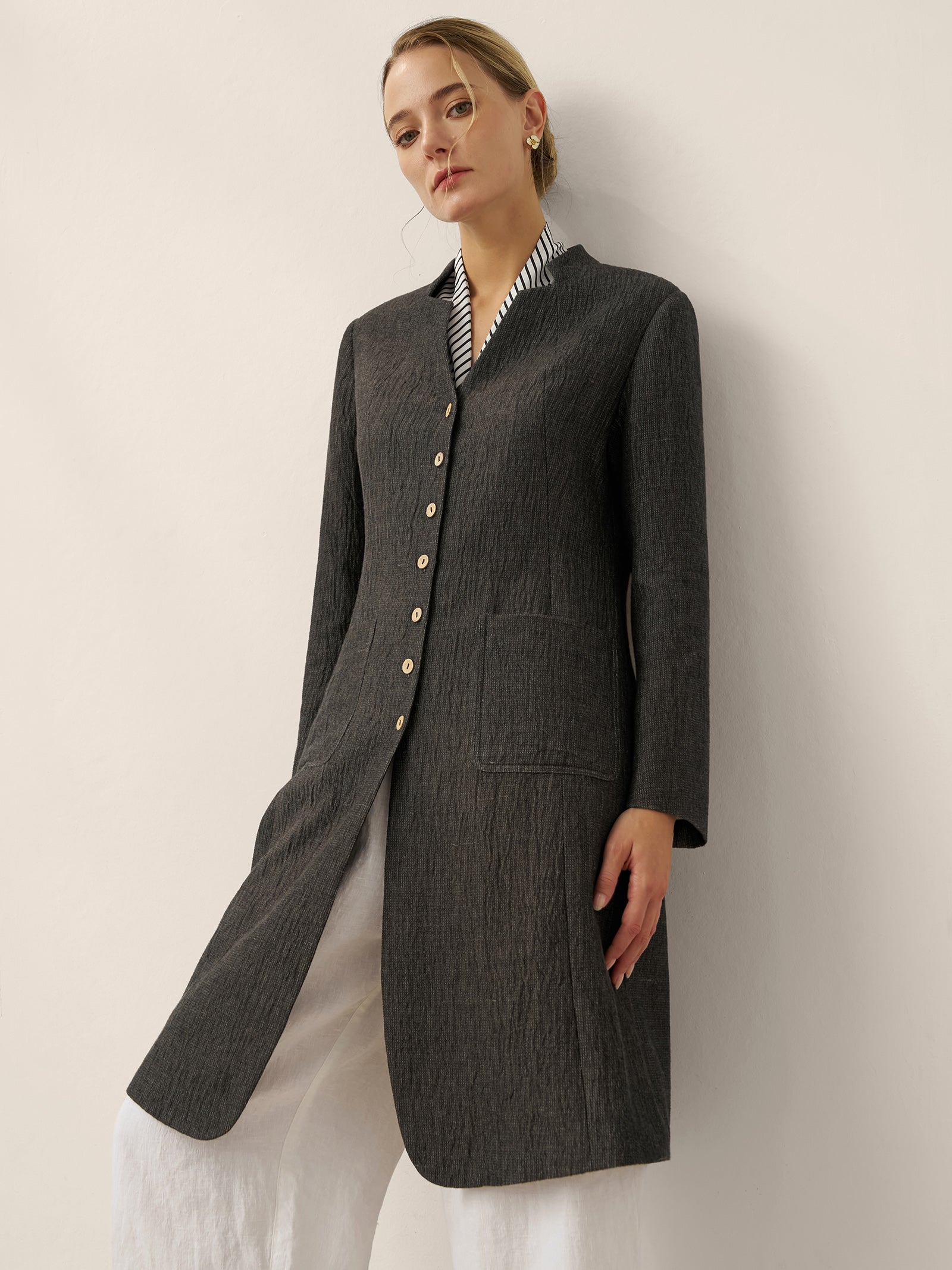 Linen Mandarin Collar Button-Up Long Shirt Jacket JORDAN