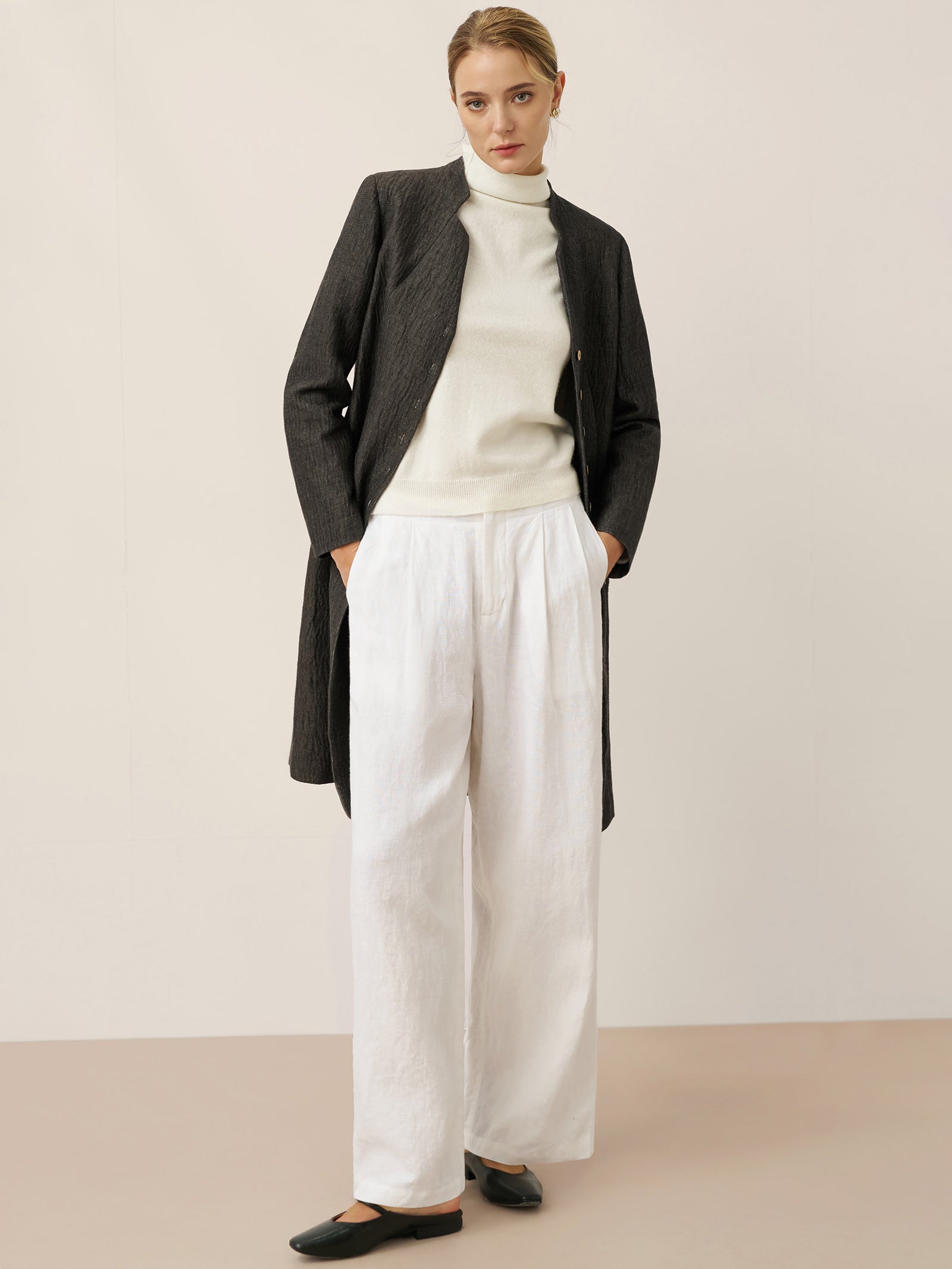 Linen Mandarin Collar Button-Up Long Shirt Jacket JORDAN