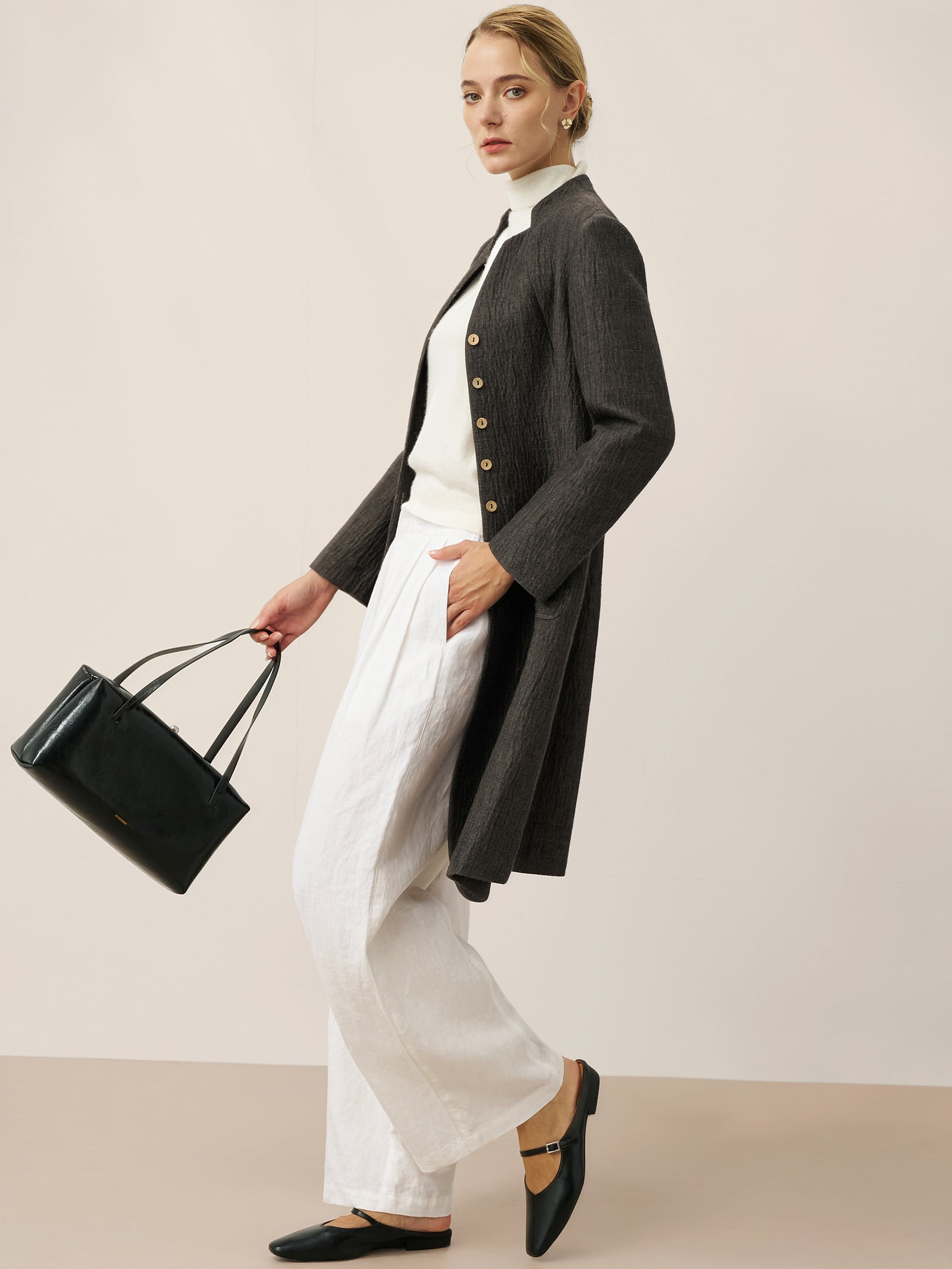 Linen Mandarin Collar Button-Up Long Shirt Jacket JORDAN DestGlow
