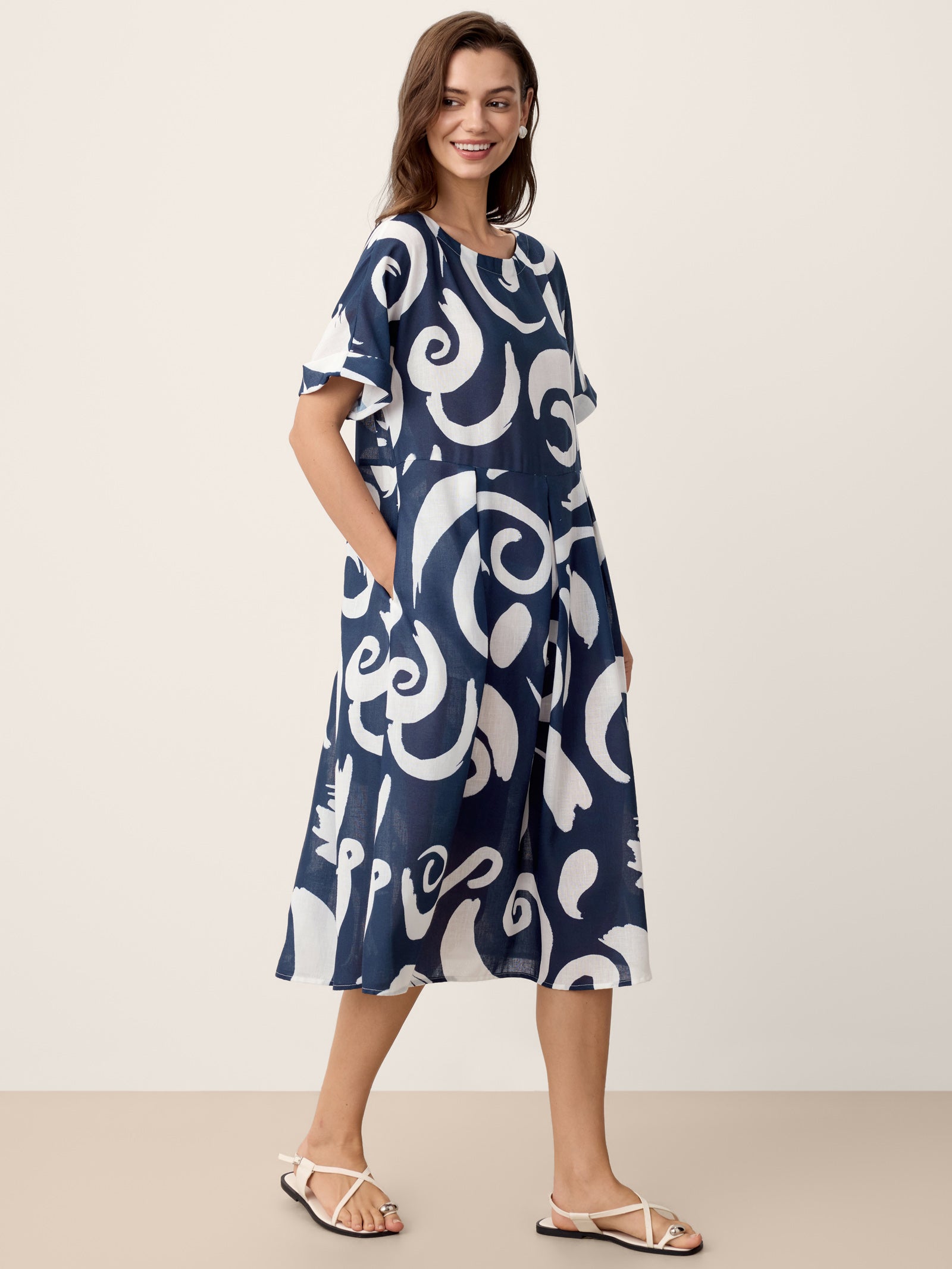 Linen Abstract-Print Pleated-Waist Midi Dress PRIYA