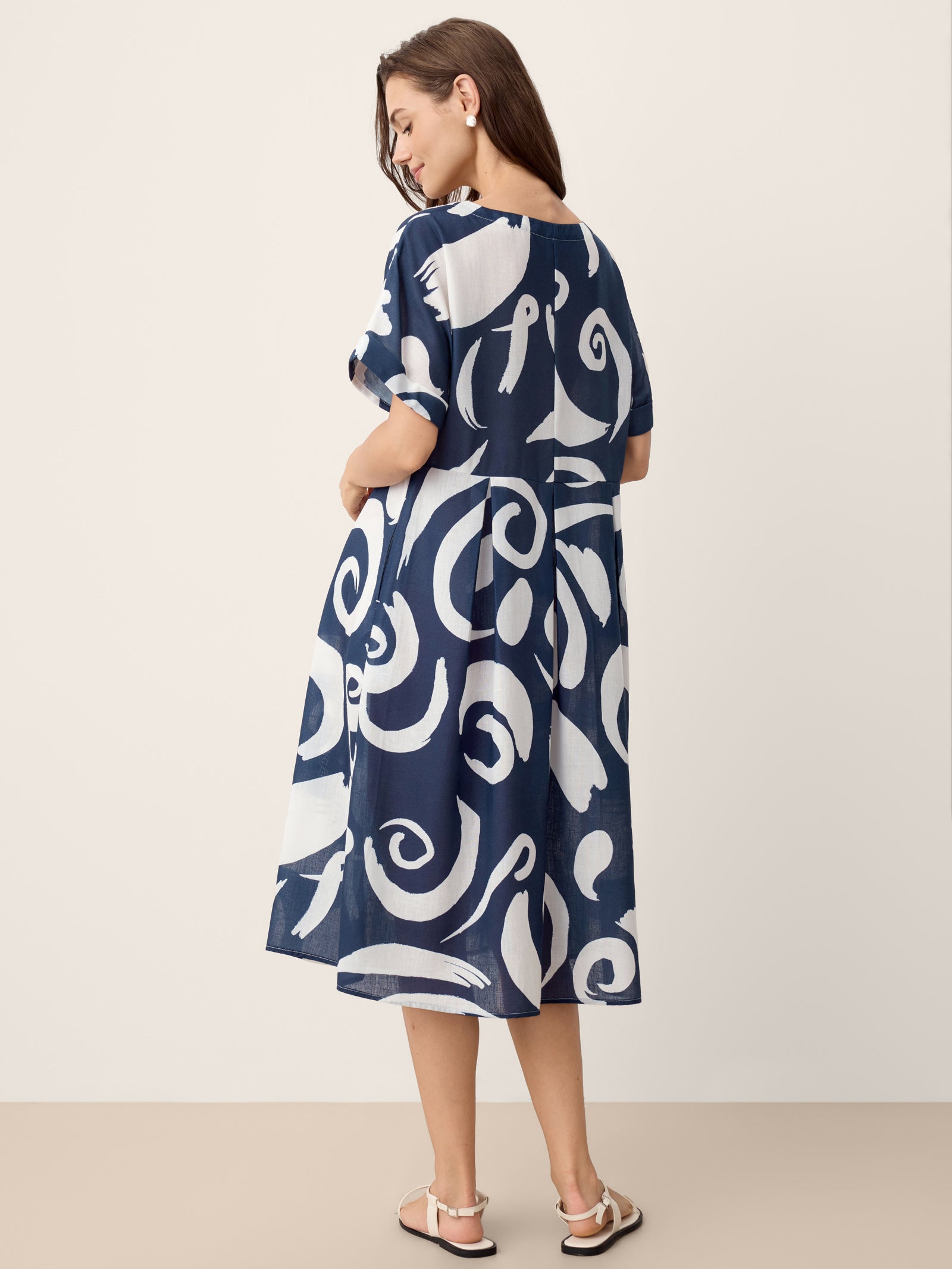 Linen Abstract-Print Pleated-Waist Midi Dress PRIYA
