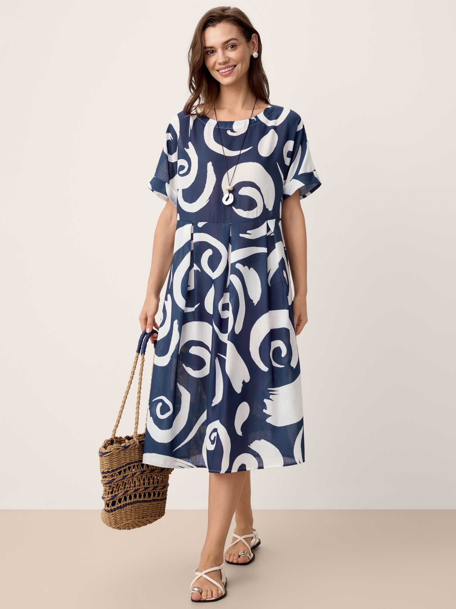 Linen Abstract-Print Pleated-Waist Midi Dress PRIYA